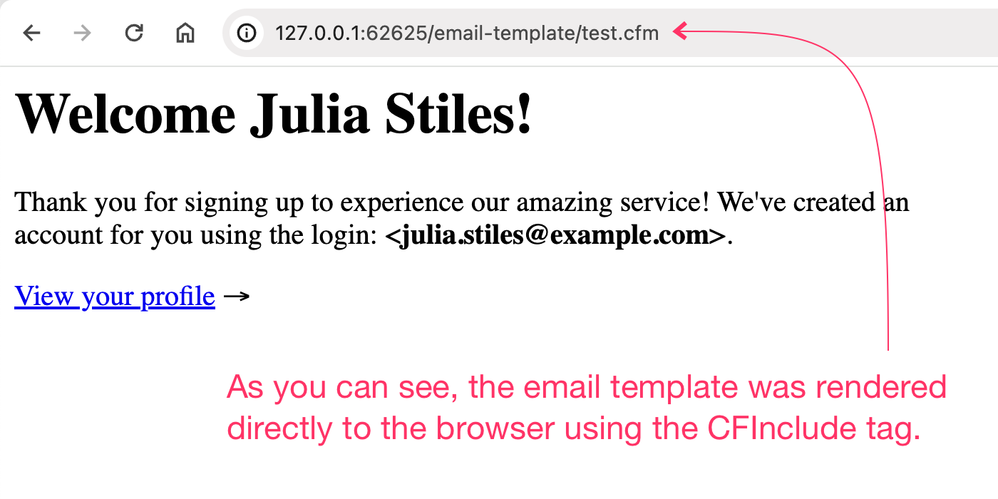 Email template being rendered to the browser.