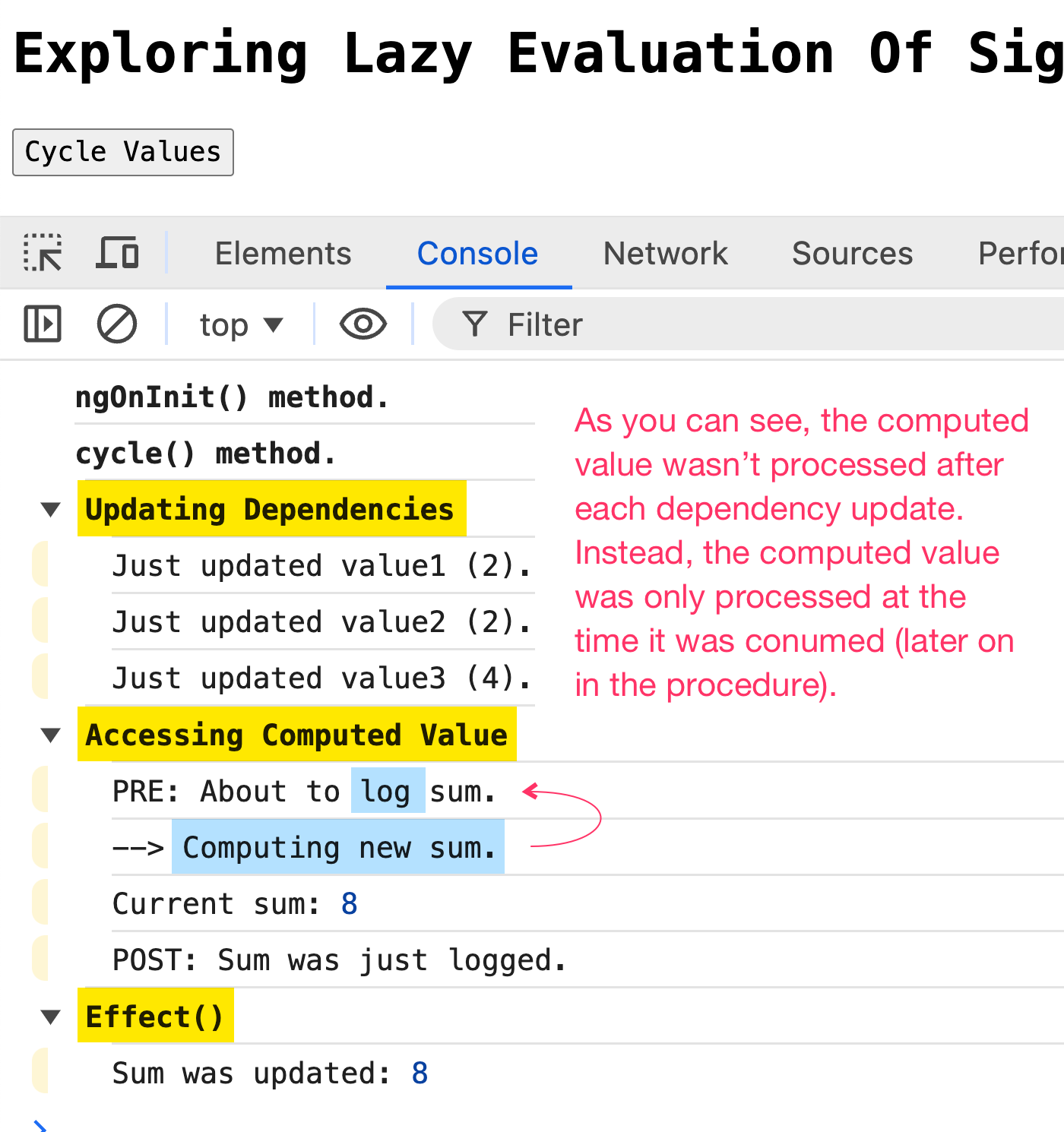 Console logging showing that the computed value isn't updated until it is consumed in Angular 18.