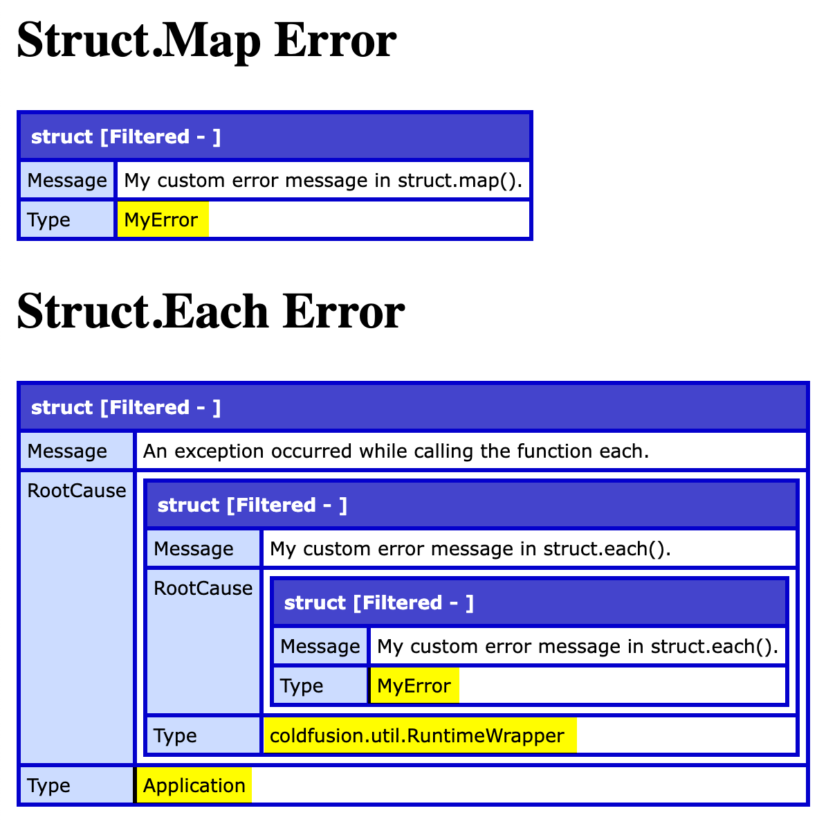 Two ColdFusion error structures shown next to each other, the first for Struct.Map and the second for Struct.Each.