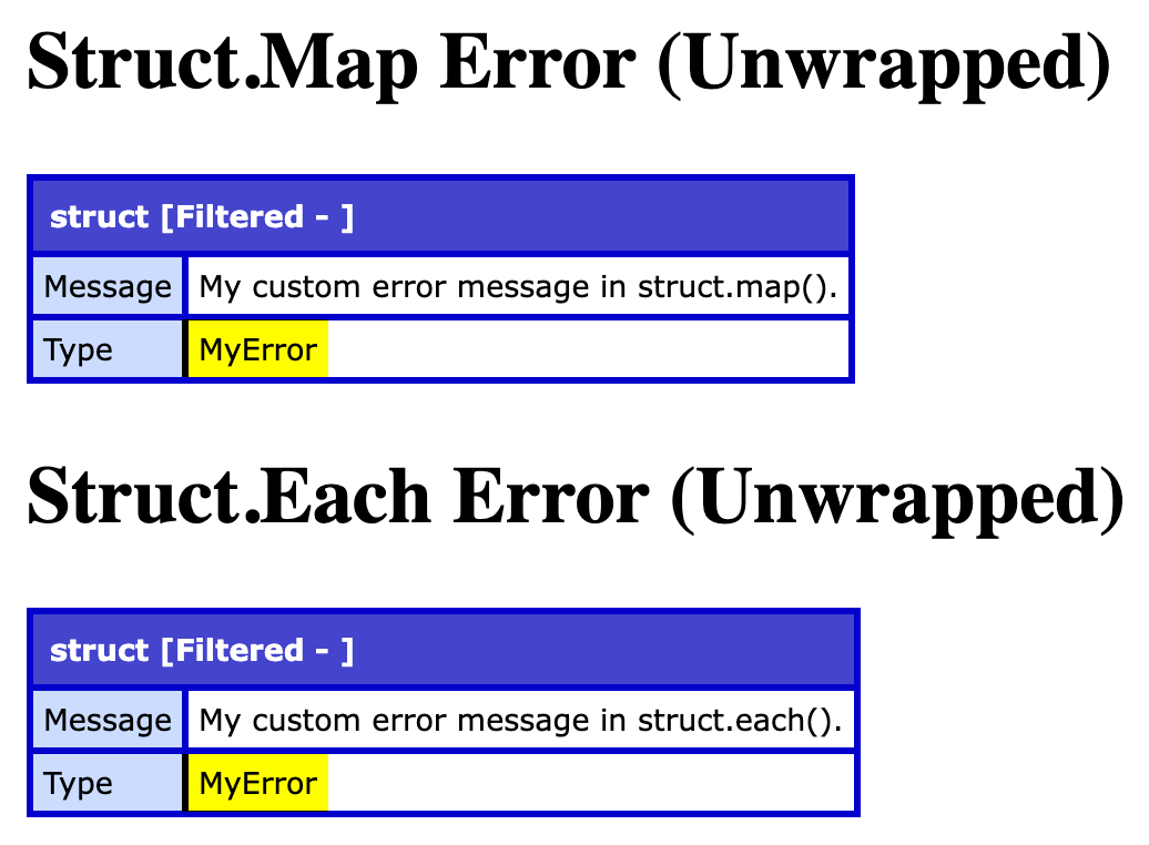 Two ColdFusion error structures shown next to each other, both with similar output structures.