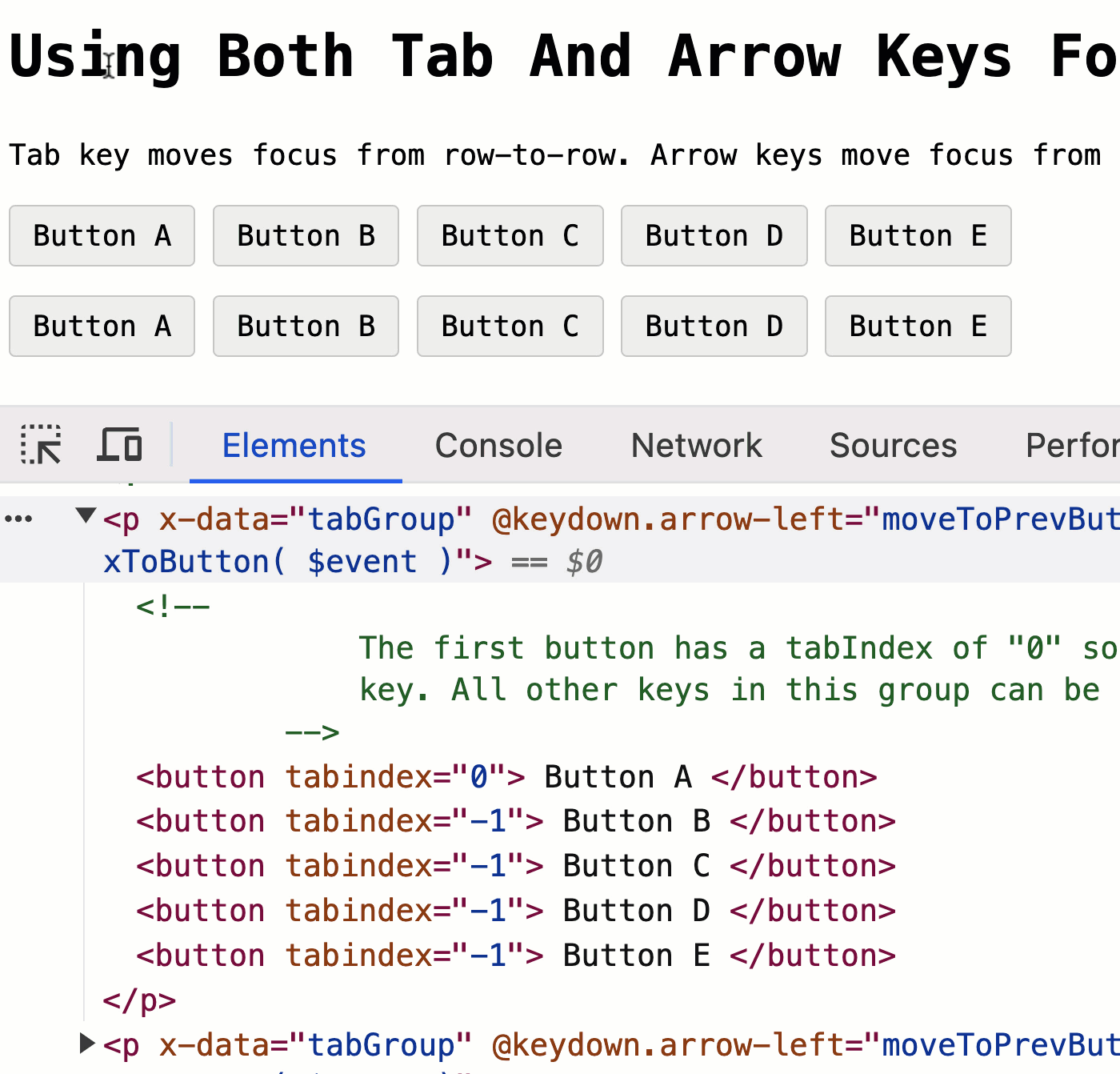 User navigating in between two button groups using Tab key; and then, using the ArrowLeft and ArrowRight keys to move from button to button within a single group.
