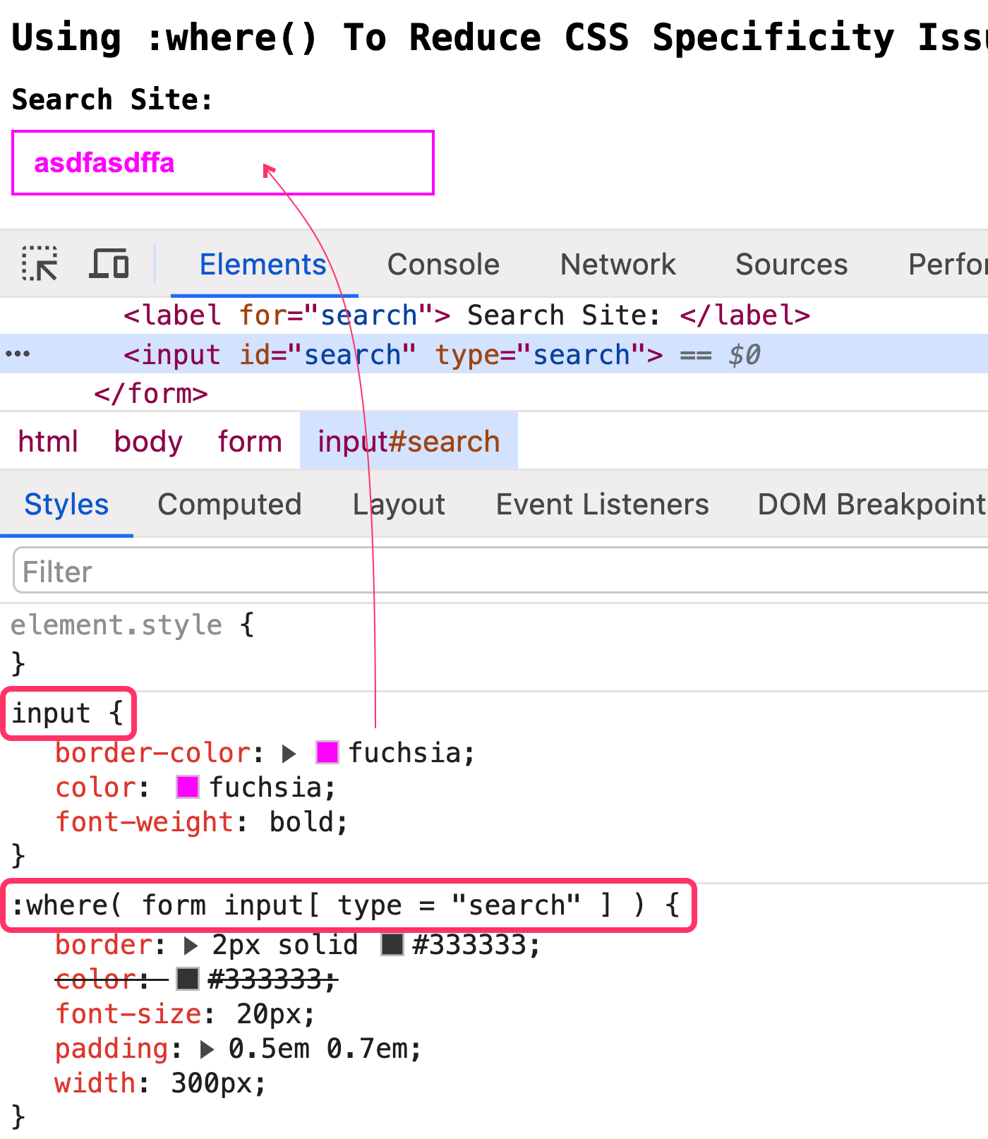 Browser screenshot of element inspector showing that the simple CSS selector overrode the complex CSS selector.
