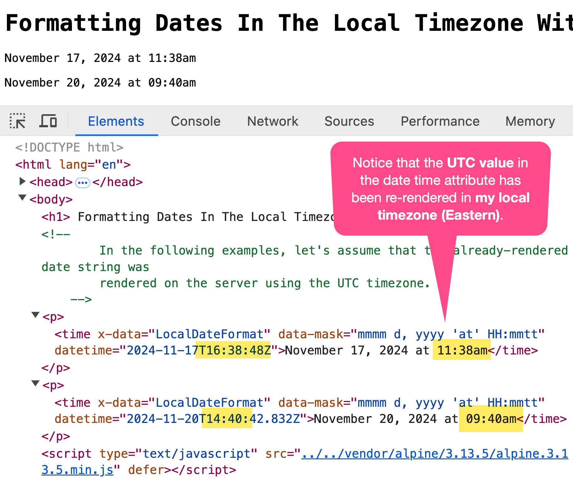 Screenshot of the rendered HTML showing that the text content of each element is different from the original datetime attribute.