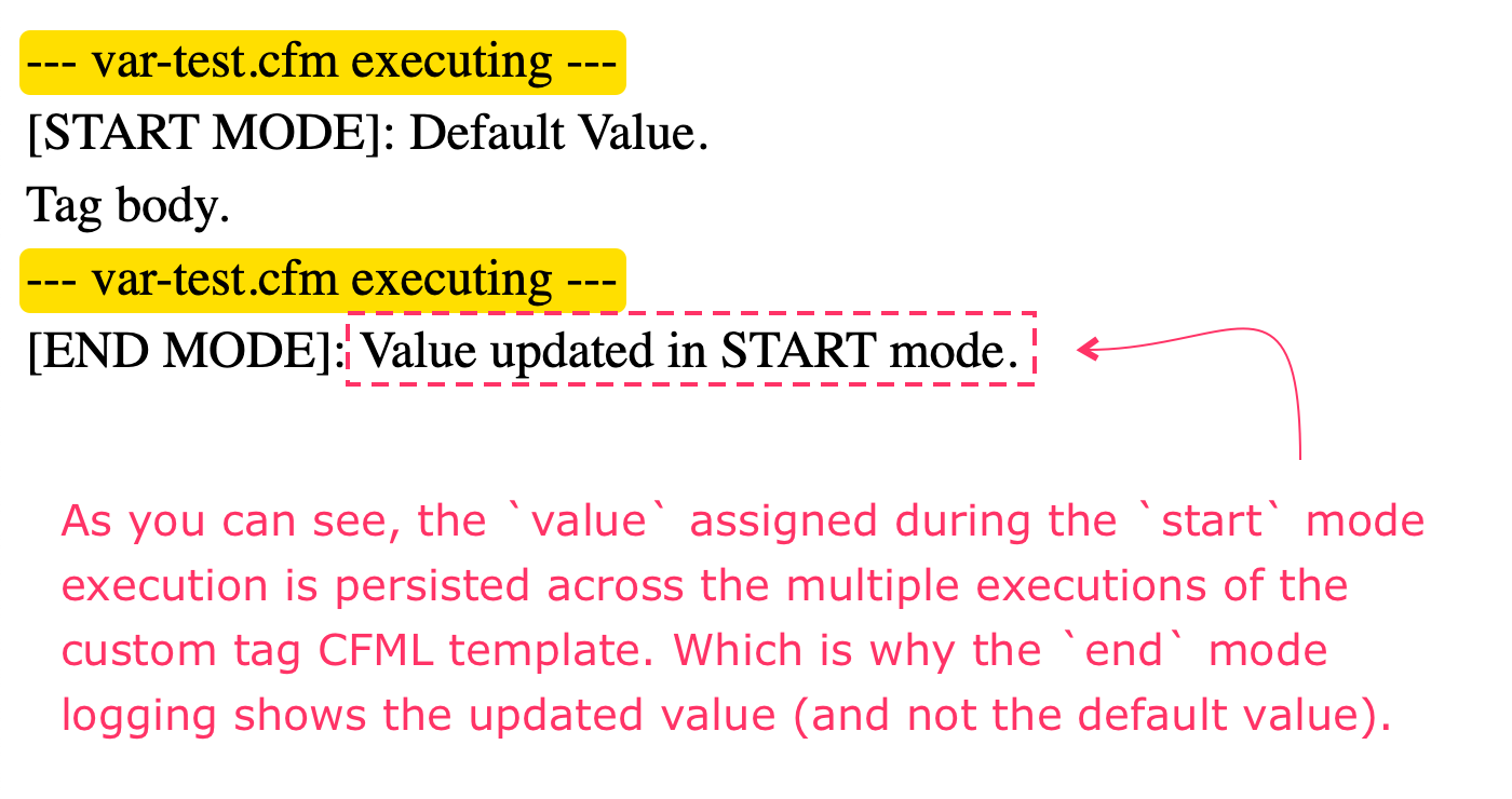 Output of the value variable shows 'Value updated in START mode' logged during end mode execution.