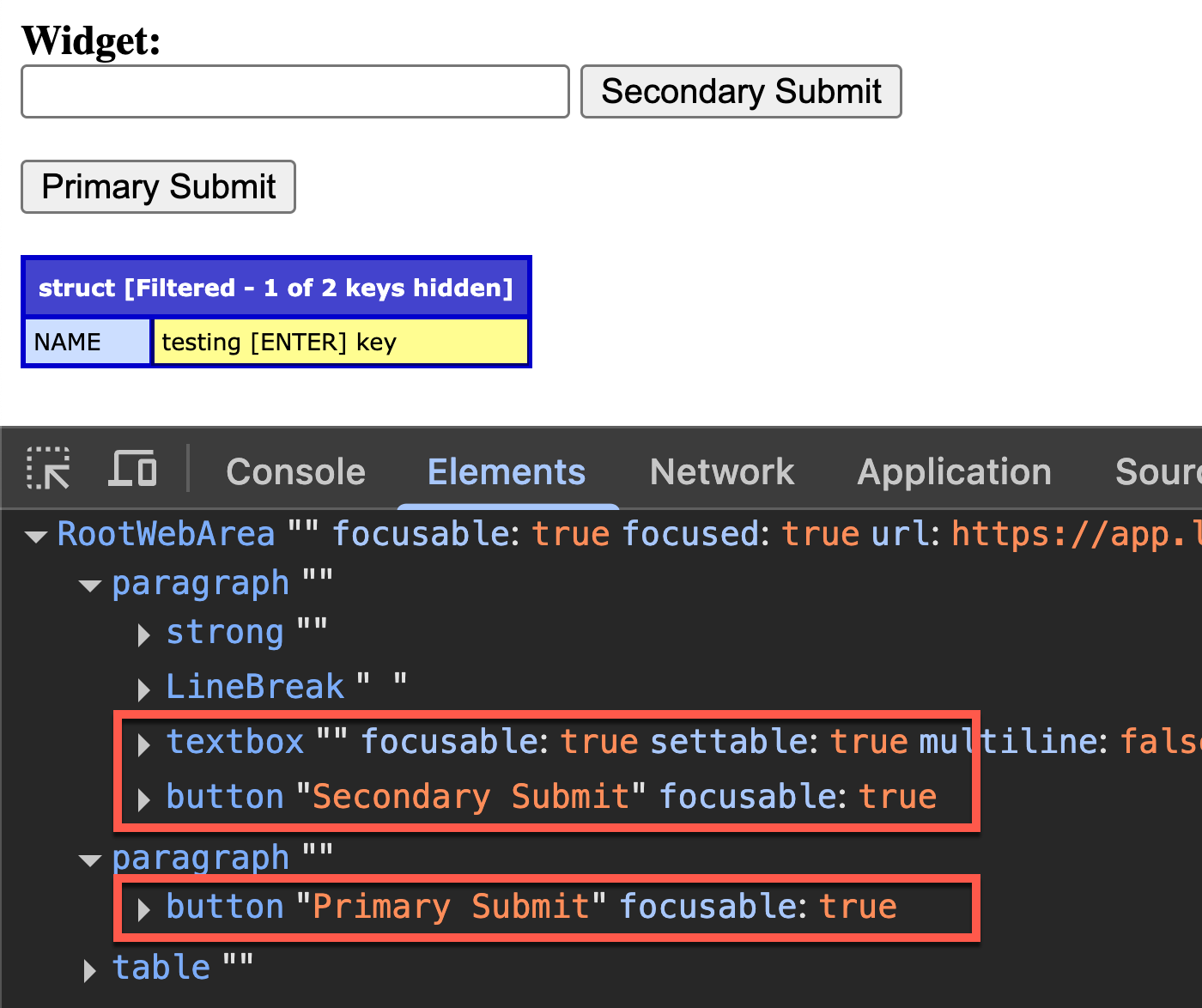 Screenshot of Chrome Dev Tools accessibility tree showing no hidden submit button; but, showing correct form submission data.