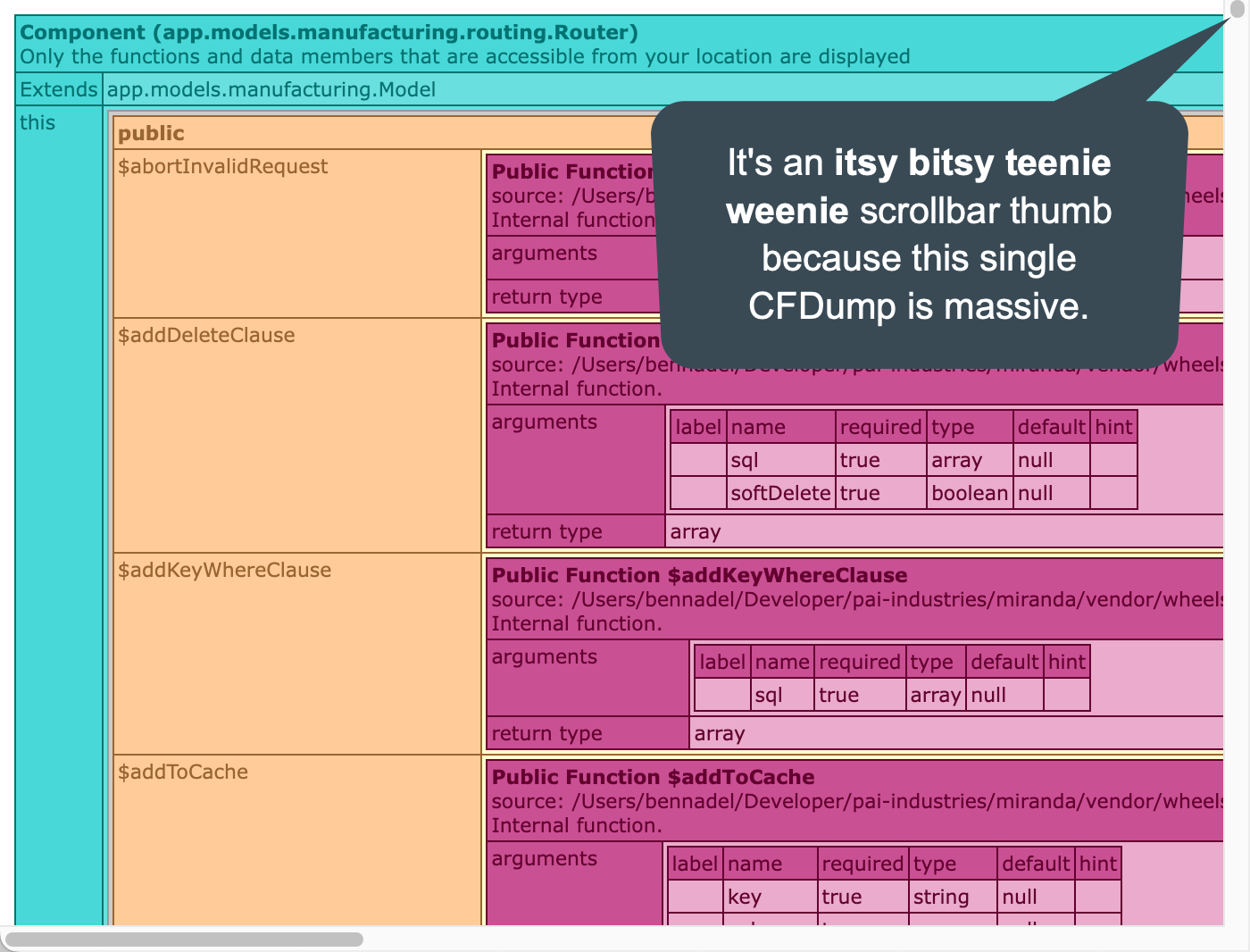 Screenshot of CFDump output showing tiny scrollbar thumb.