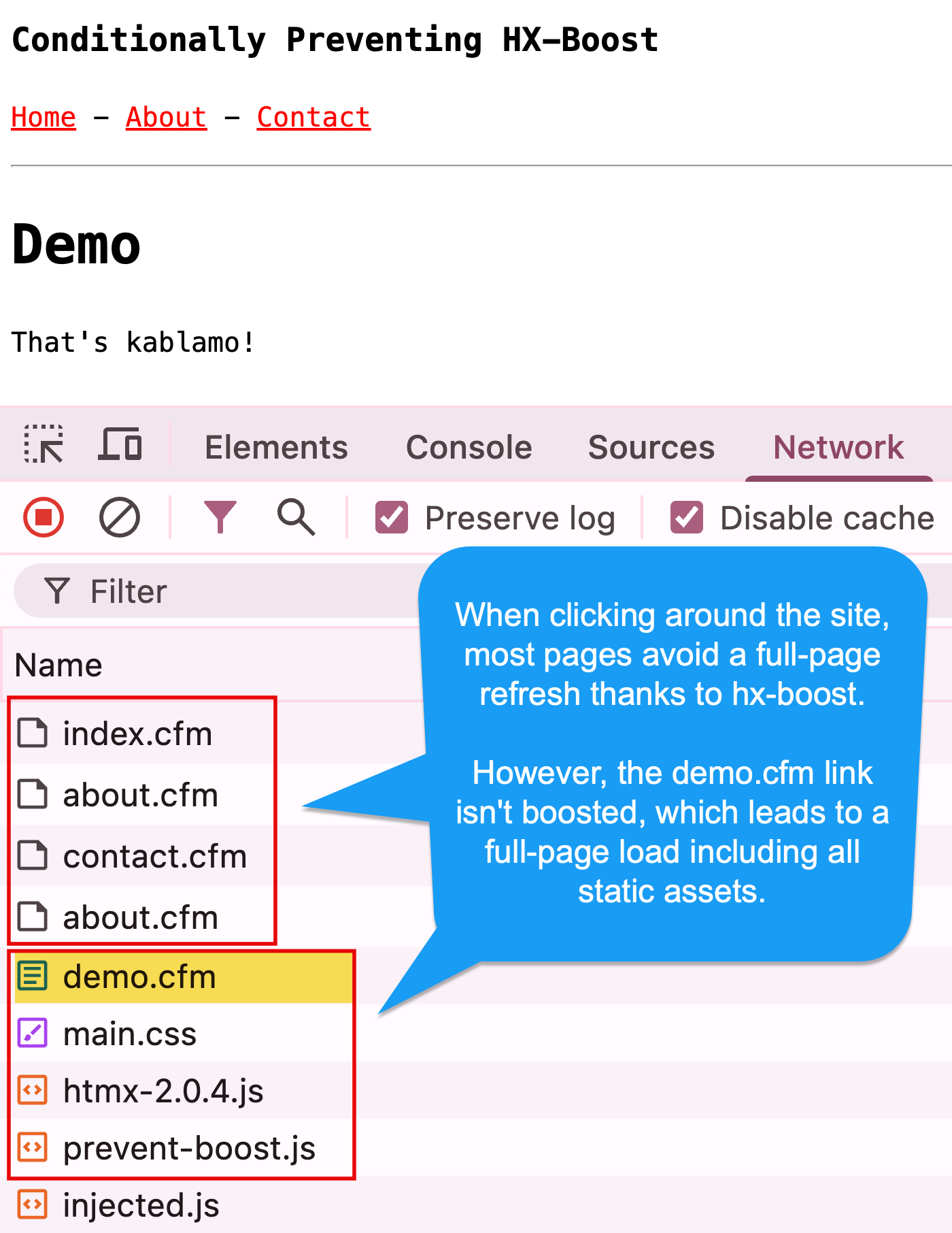 Network activity showing that the demo link caused a full-page load.