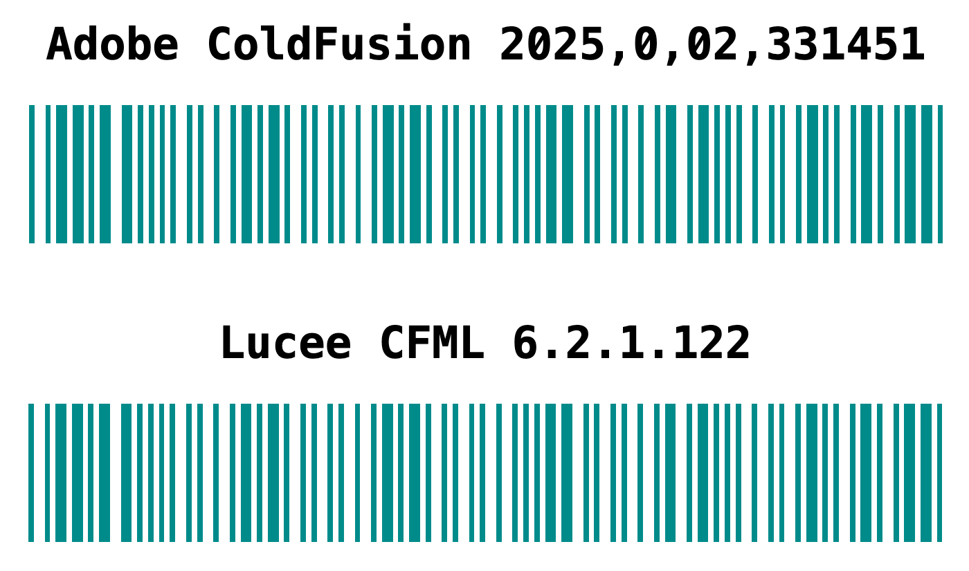 Screenshot of both Adobe ColdFusion 2025 and Lucee CFML 6.2 rendering a 1-D barcode using the Zxing Java library.
