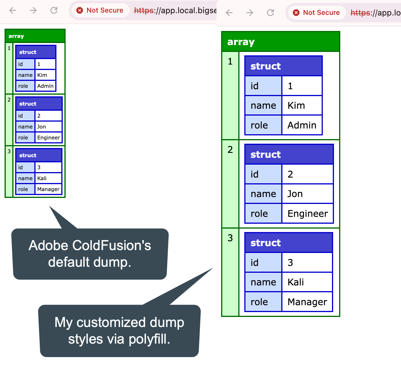 Side by side comparison of the native writeDump() rendering vs. the dump() polyfill rendering.