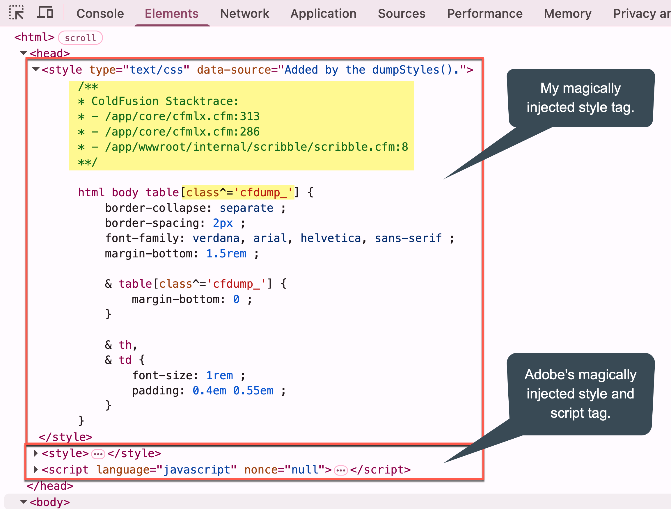 View source of an HTML page with injected style tags.