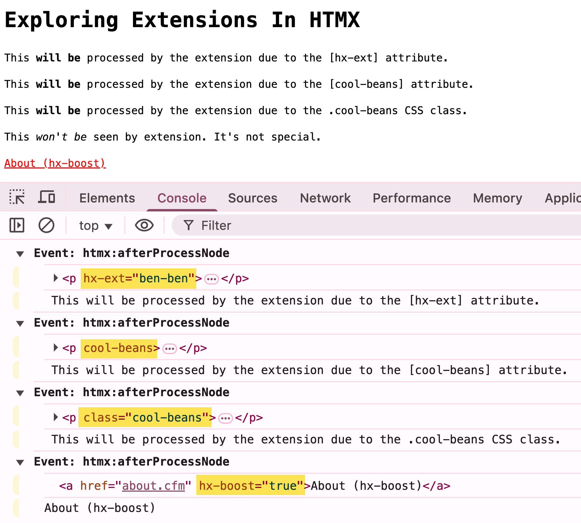 Screenshot of the dev tools showing the nodes that have been identified by the extension.