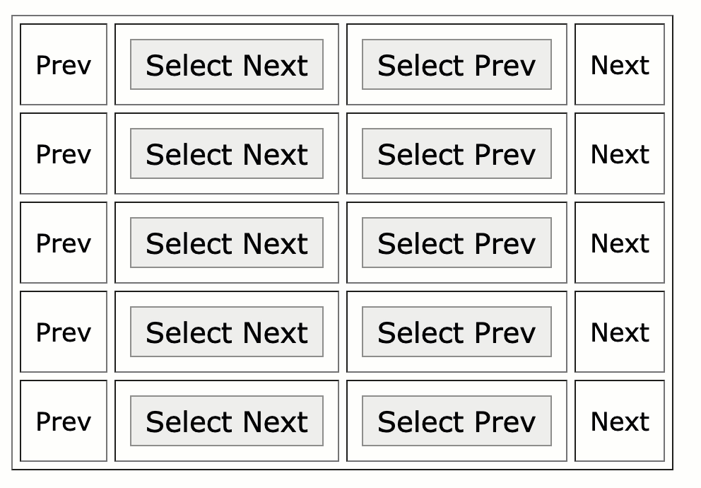 Screen recording showing that clicking a button labeled 'Next' selects the closest 'td' element that is next in the document. And, clicking a button labeled 'Prev' selects the closest 'td` erlement that is previous in the document.