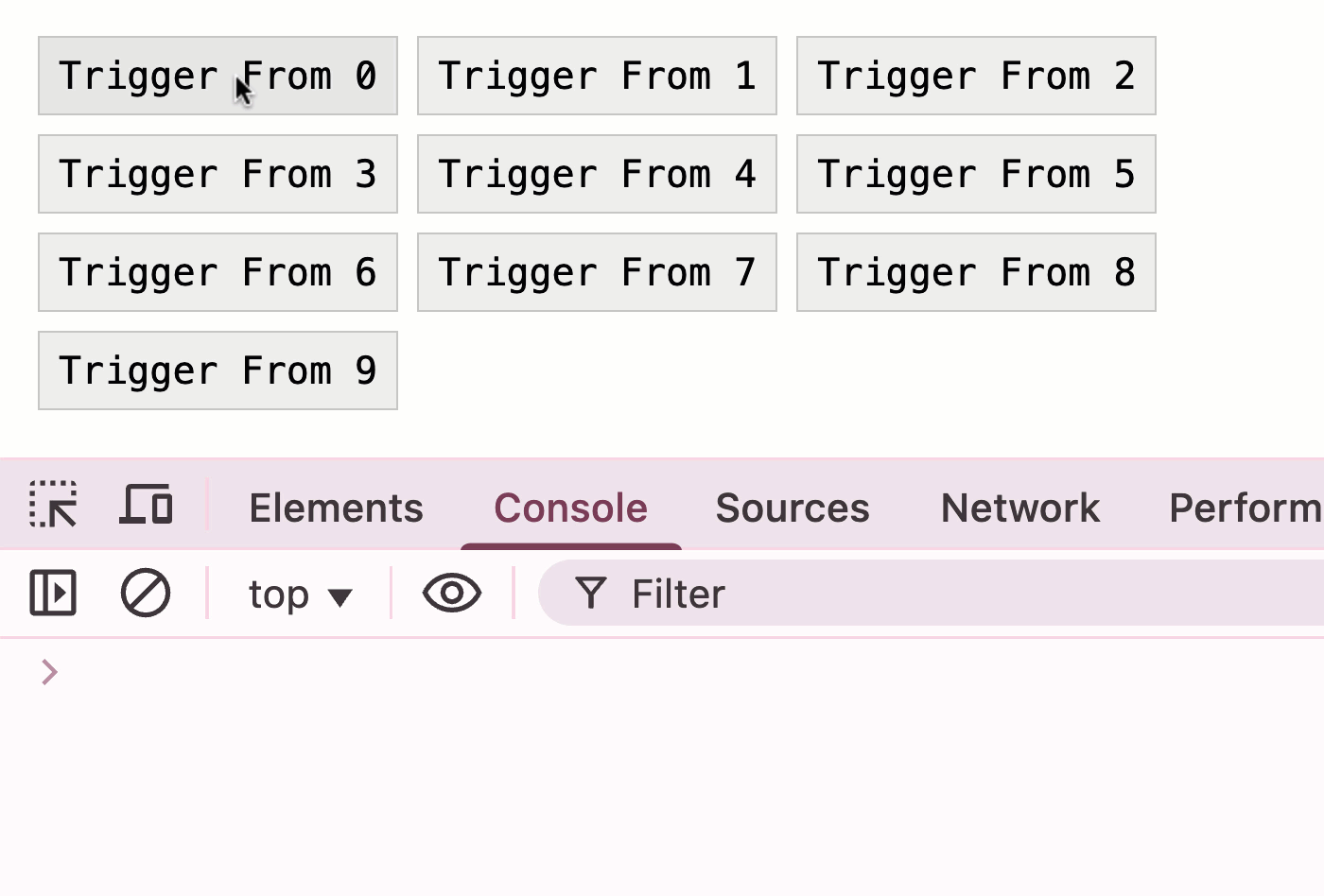 Three button clicks lead to three console logs.