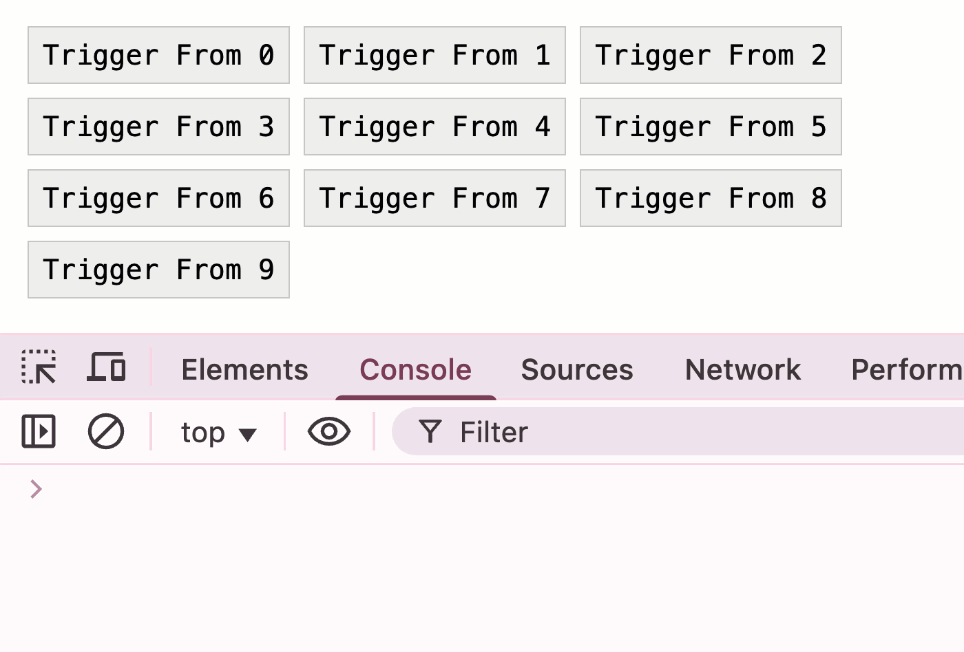 Three keyboard actions lead to three console logs.