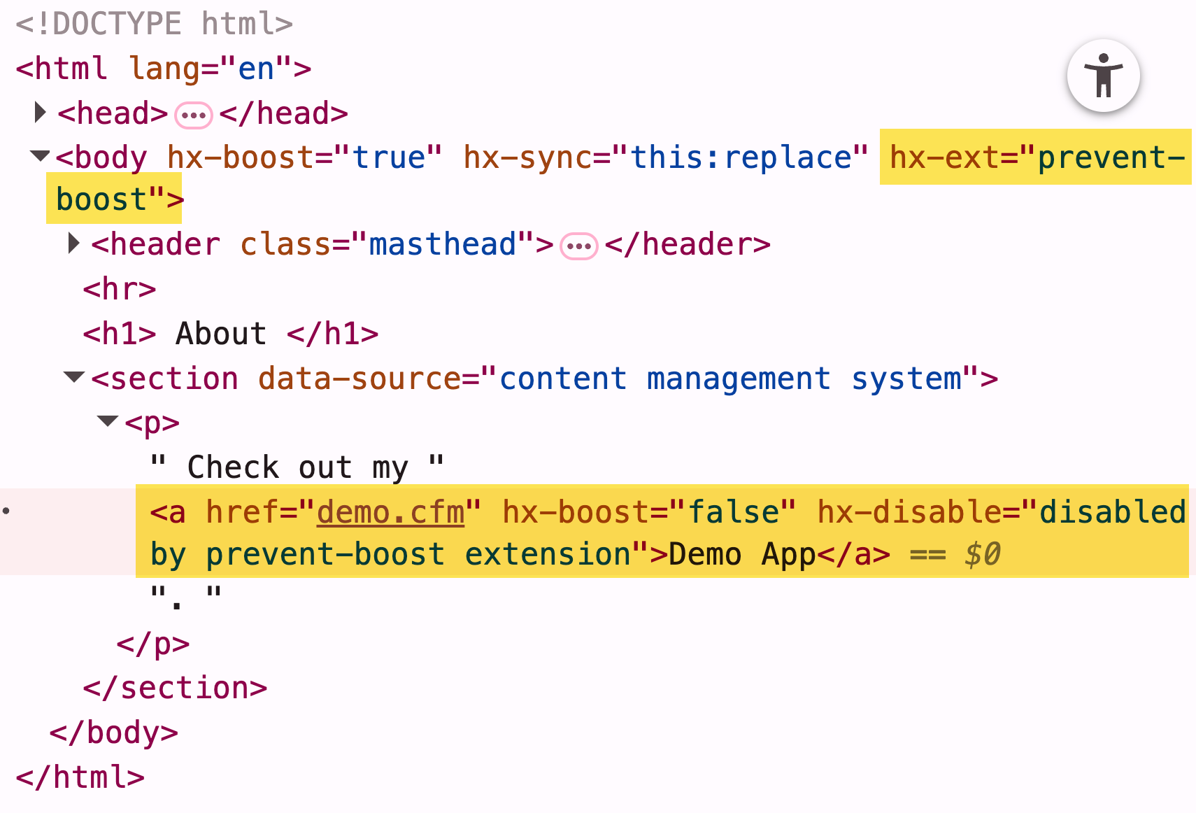Screenshot of the live HTML showing that hx-boost and hx-disabled have been dynamically injected on the demo link.