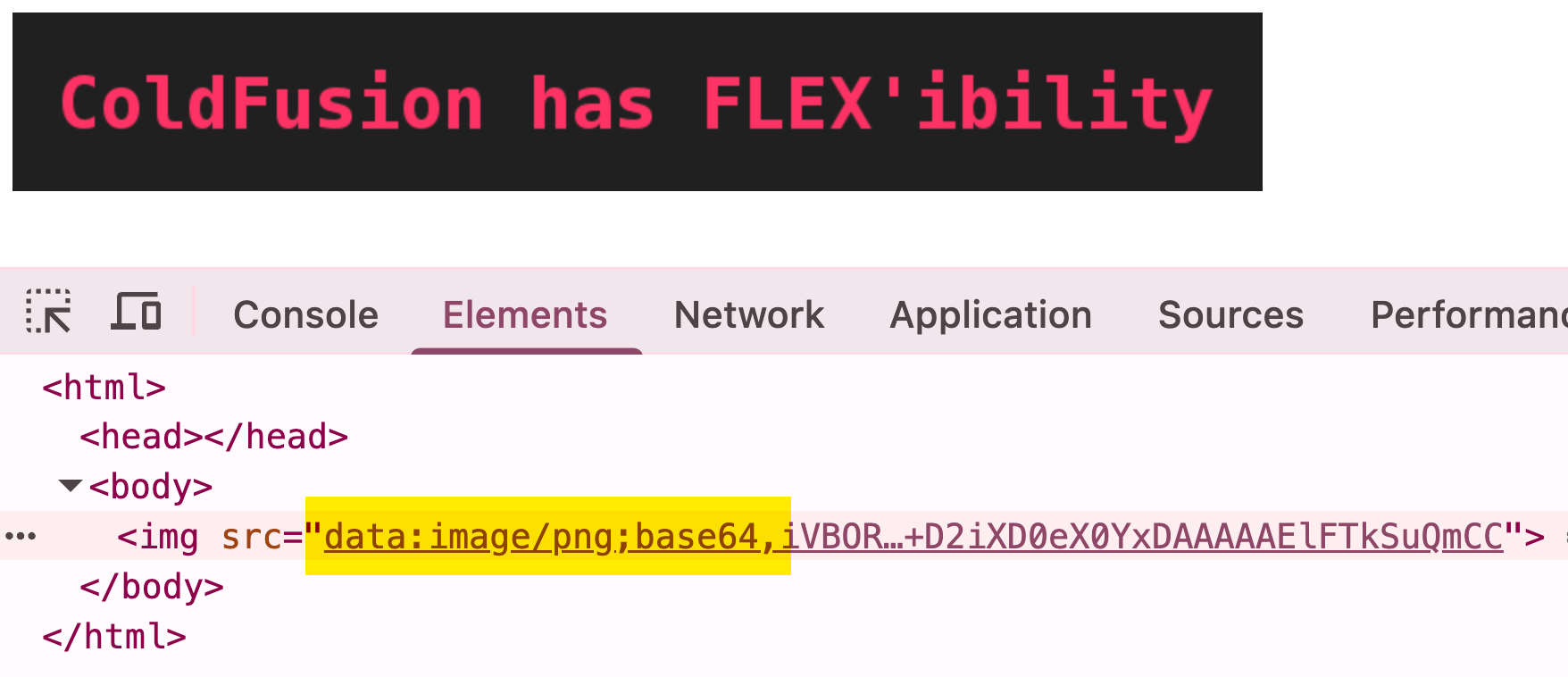 Screenshot of browser showing an IMG tag with a Base64-encoded data URI of an image.