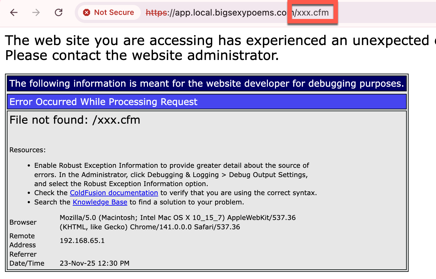 Screenshot of native Not Found page rendered by ColdFusion is no OnMissingTemplate() event handler is defined.