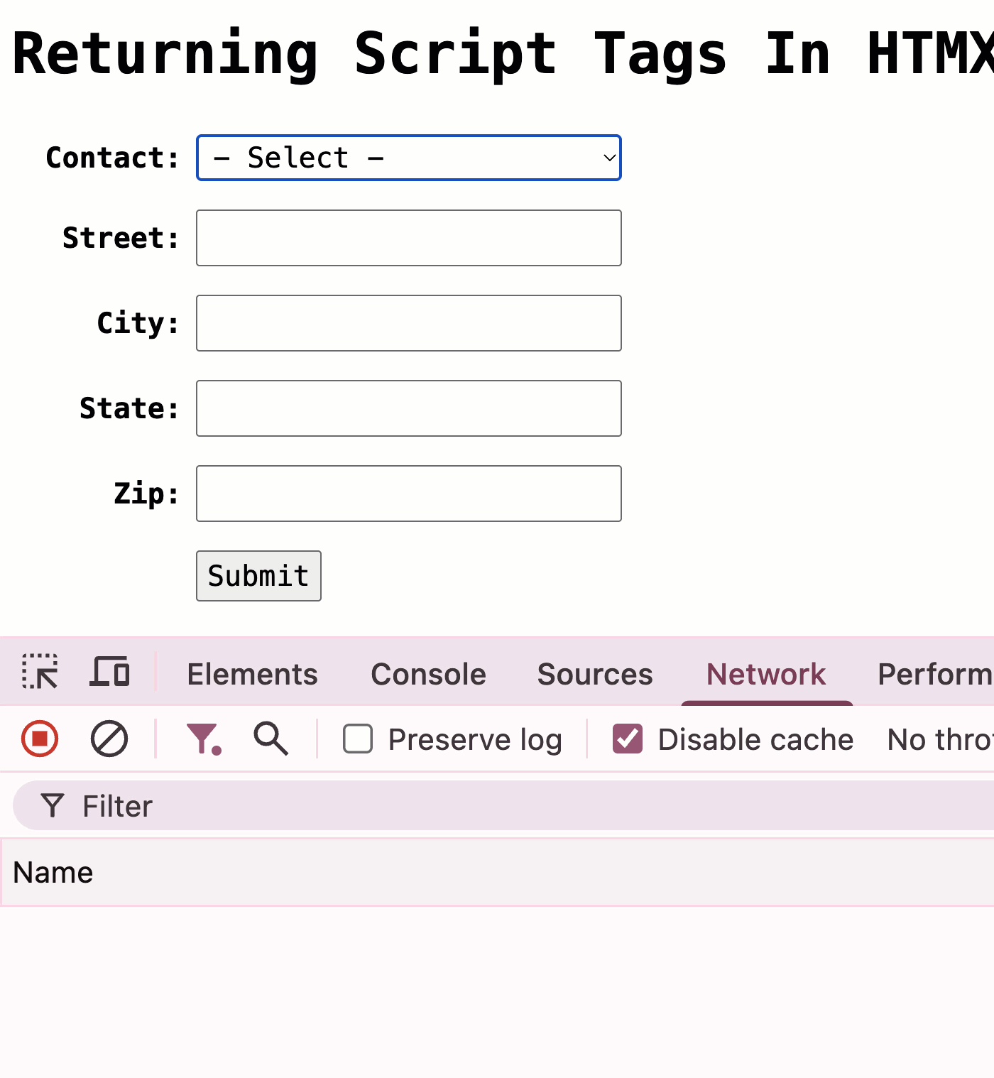 Screen recording of demo showing that form inputs are updated in response to select menu changes.