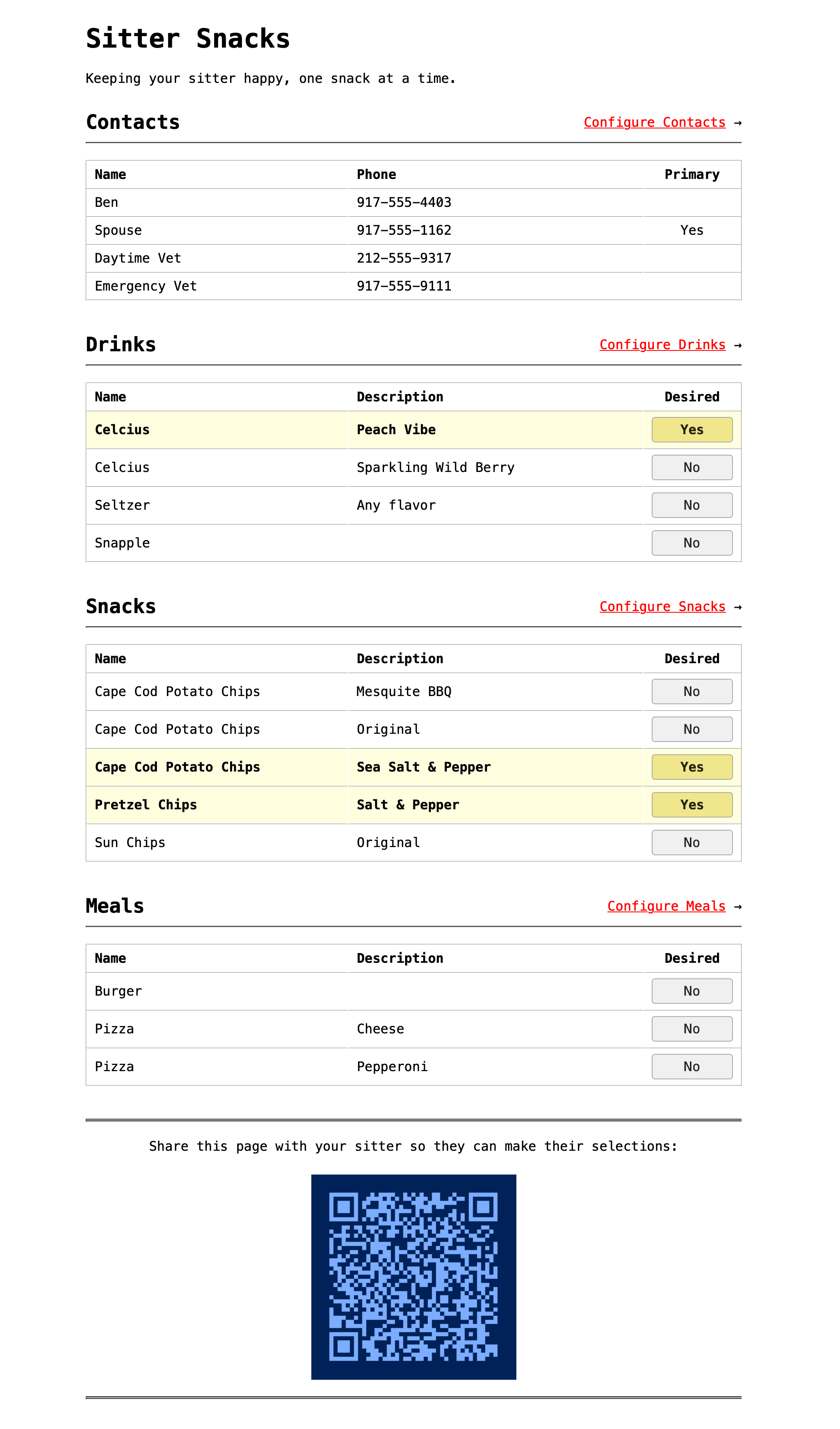 Screenshot of main page in Sitter Snacks.