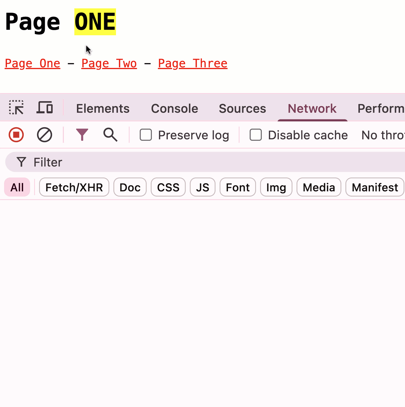 Screen capture of network activity showing two HTTP requests triggered for each click - one served immediately from the disk cache and one served eventually from the server.