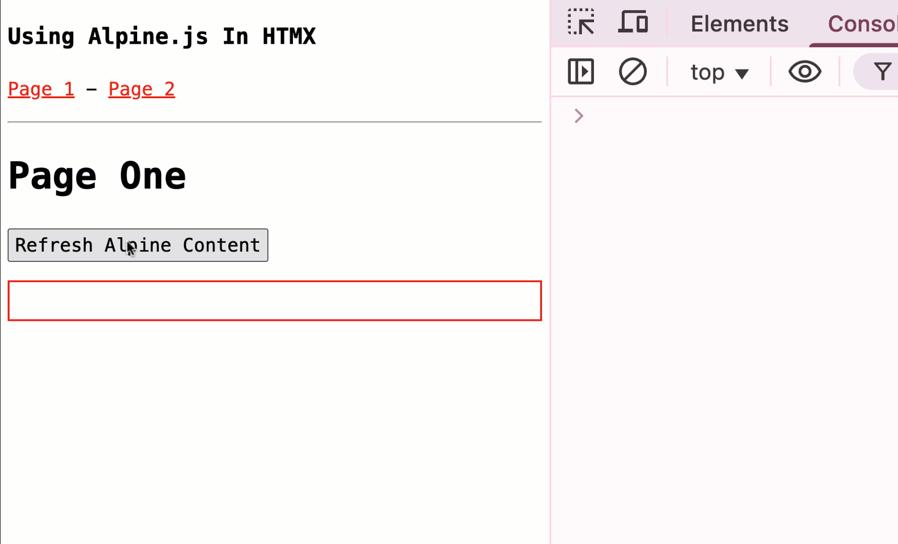 Browser screen recording showing that Alpine.js can bind and unbind event handlers on the DOM that is controlled by HTMX. However, when hx-boost is used with the Back button, state is lost.