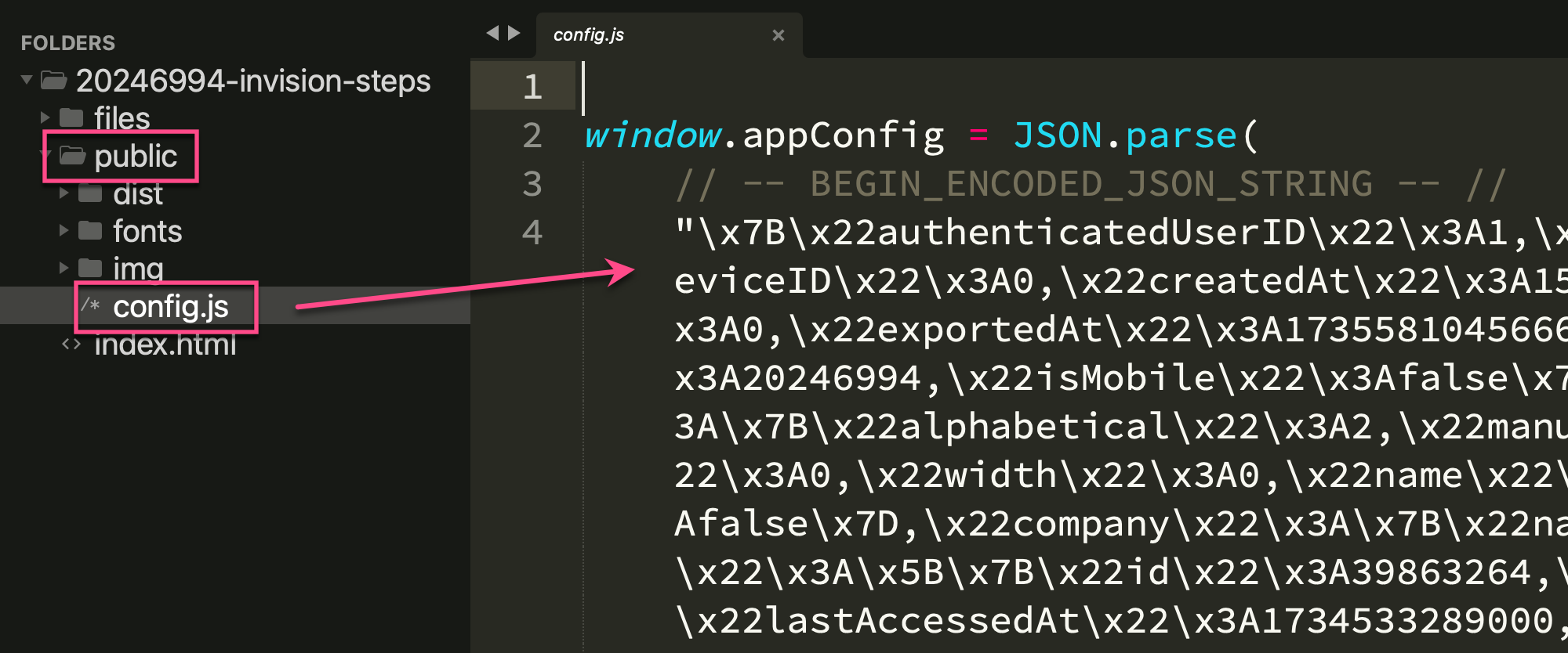 Screenshot of an IDE showing the contents of the config.js file within an exported InVision V6 document.