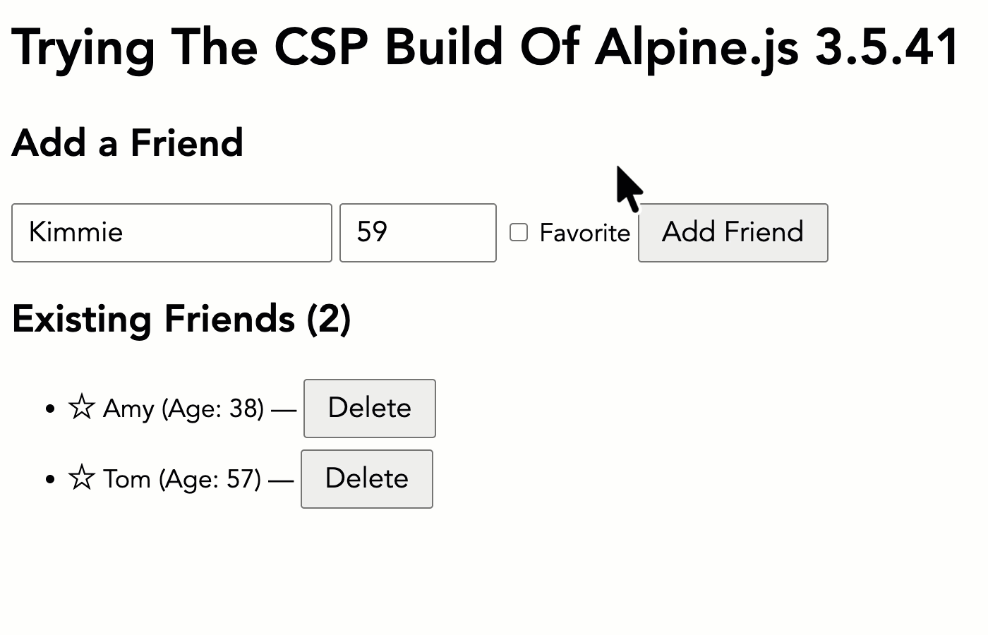 Screen recording GIF of dynamic form being used with a new friend being added, several 'favorites' being toggled, then all friends being deleted.
