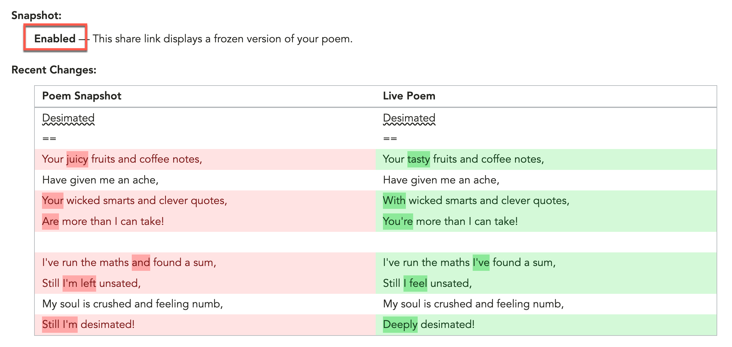 Sreenshot of the poem snapshot diff, showing side-by-side comparison that highlights individual word changes in each row.