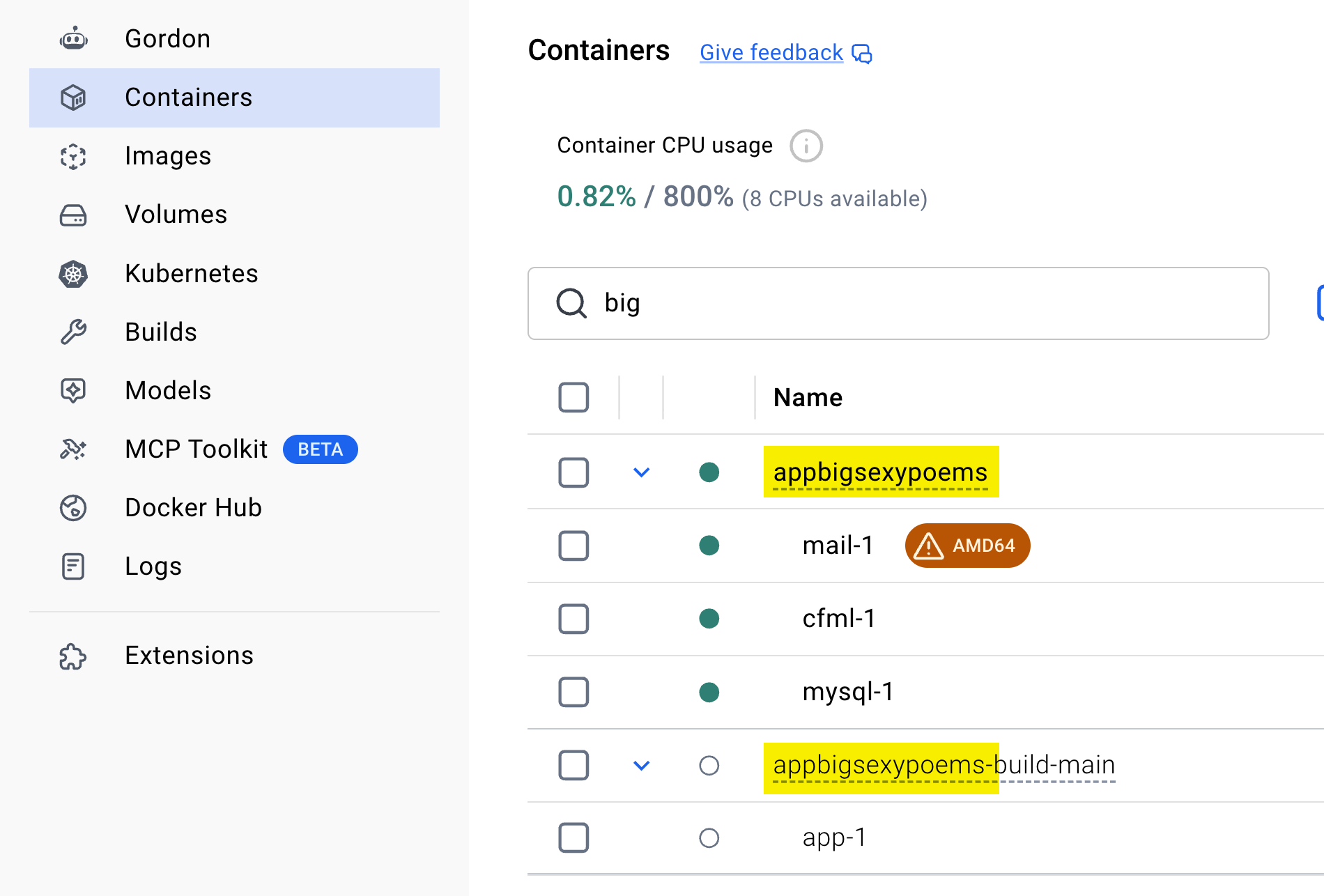Screenshot of Docker for Mac (Desktop) showing list of containers with appbigsexypoems prefix.