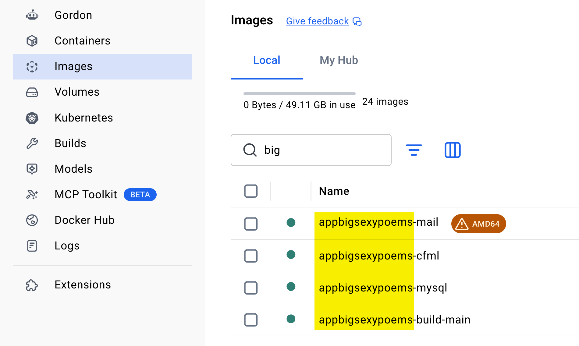 Screenshot of Docker for Mac (Desktop) showing list of images with appbigsexypoems prefix.