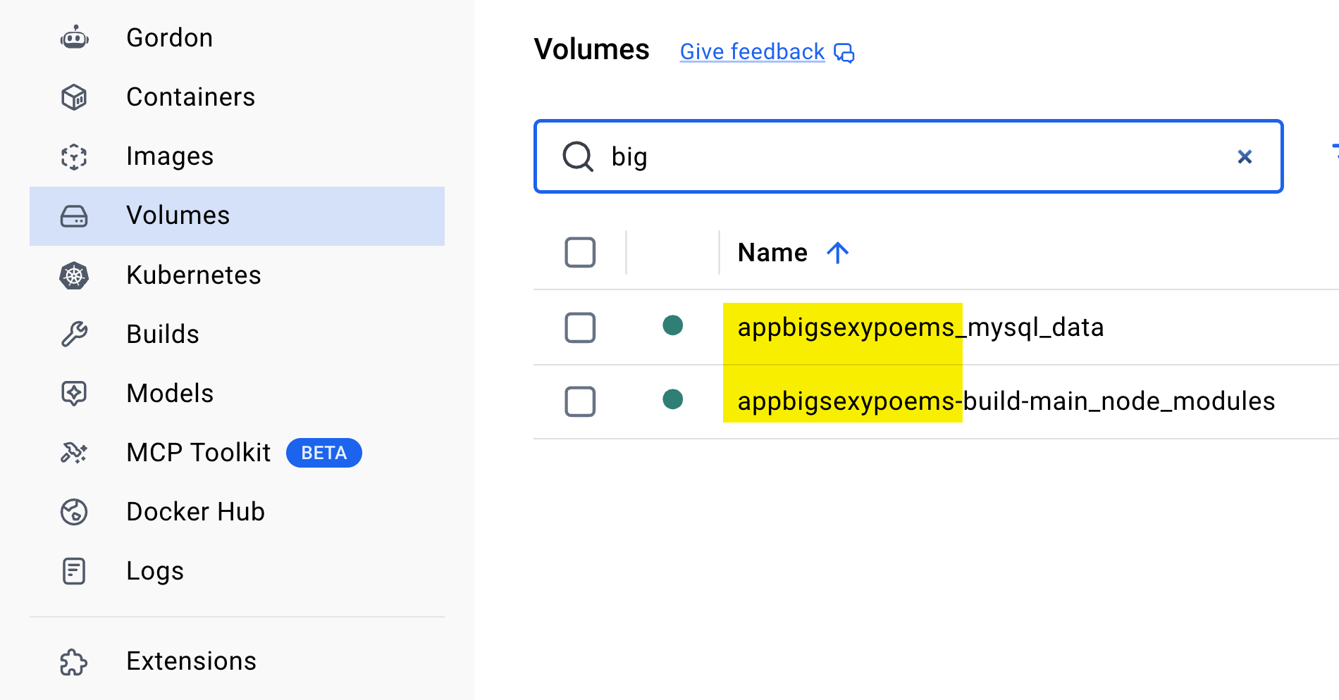 Screenshot of Docker for Mac (Desktop) showing list of volumes with appbigsexypoems prefix.