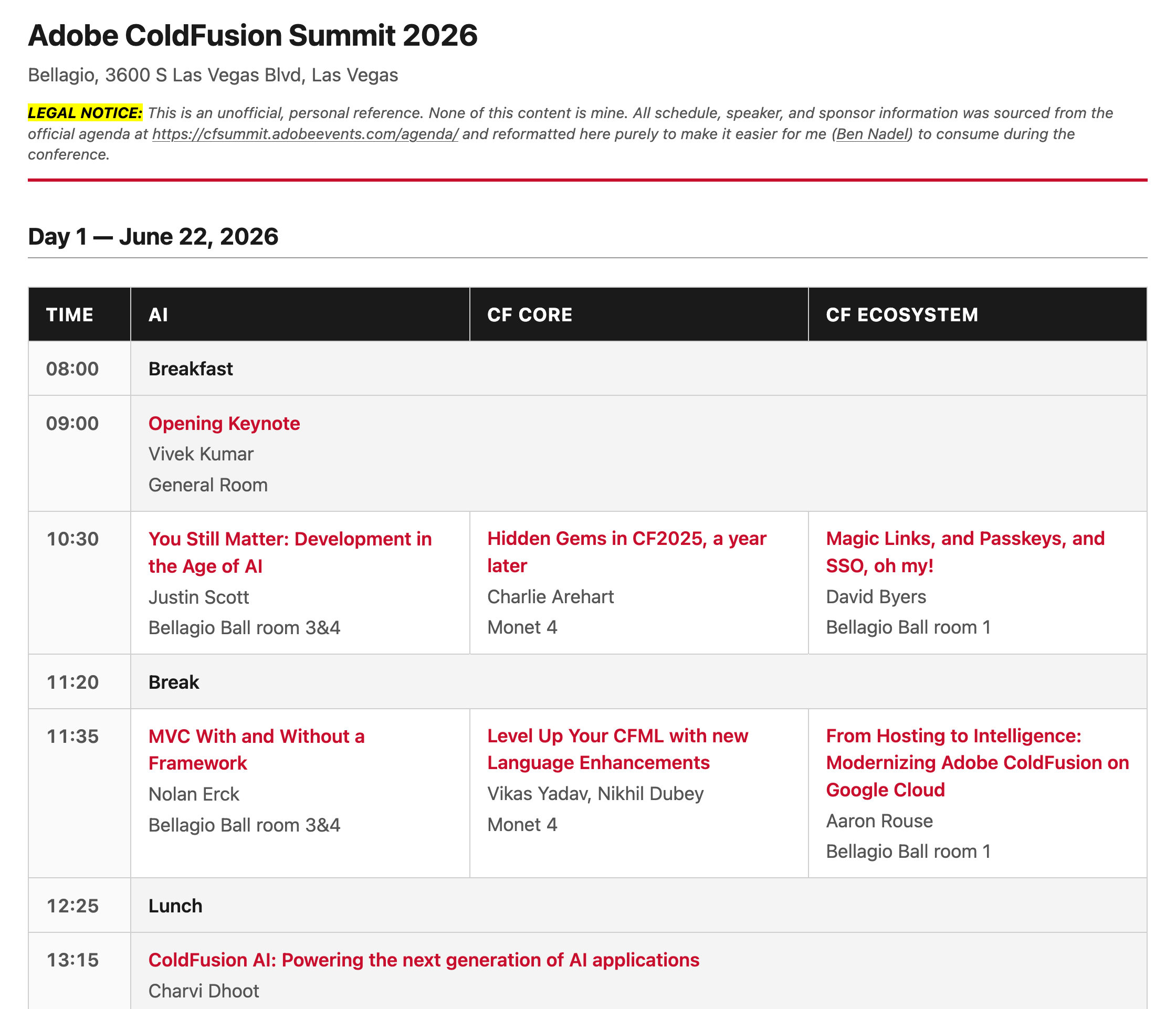 Screenshot of the CFSummit schedule.
