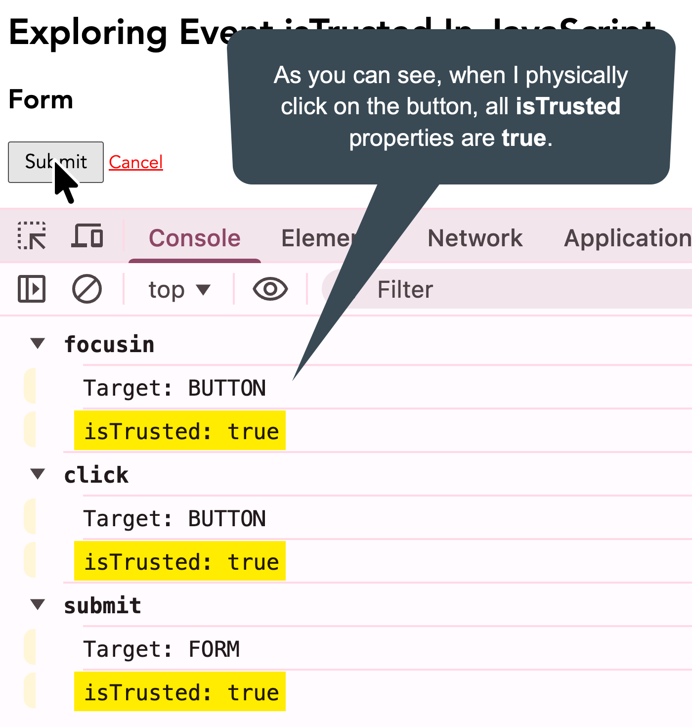 Screenshot of console logging showing isTrusted set to true for all native user interactions.