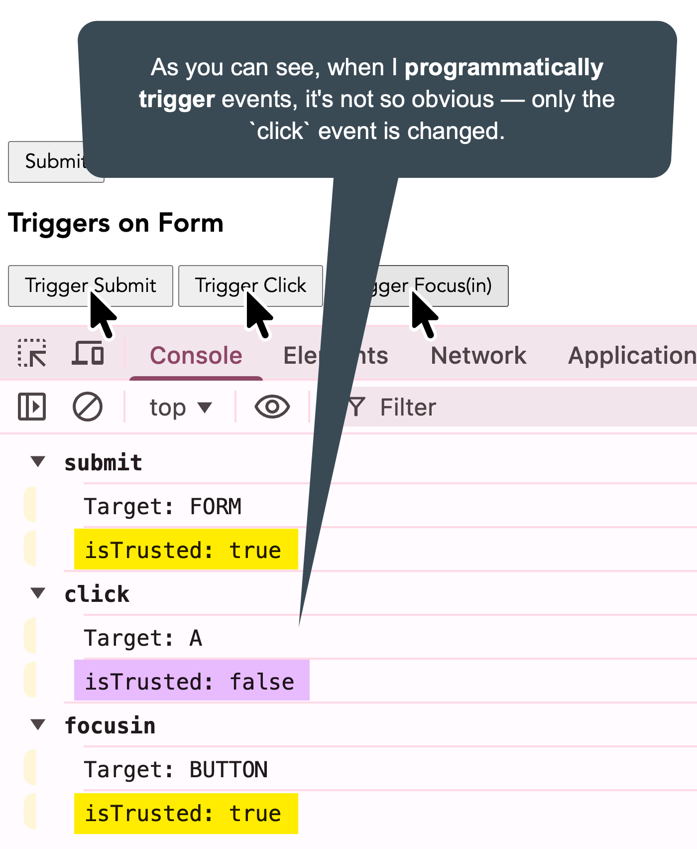 Screenshot of console logging showing isTrusted set to true for some programmatic interactions (all but click).