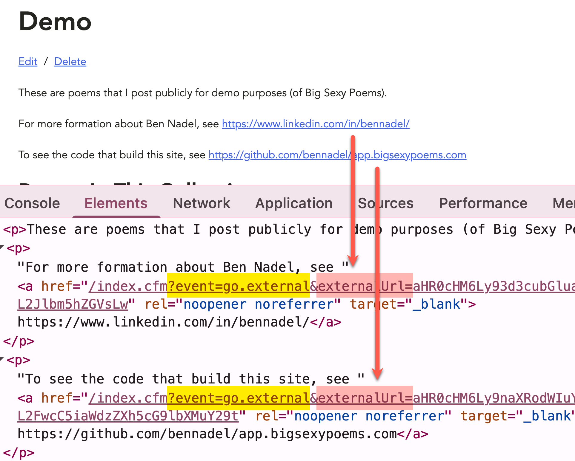 Screenshot of Chrome dev tools showing that the two external links have been rewritten to point to an internal proxy page.
