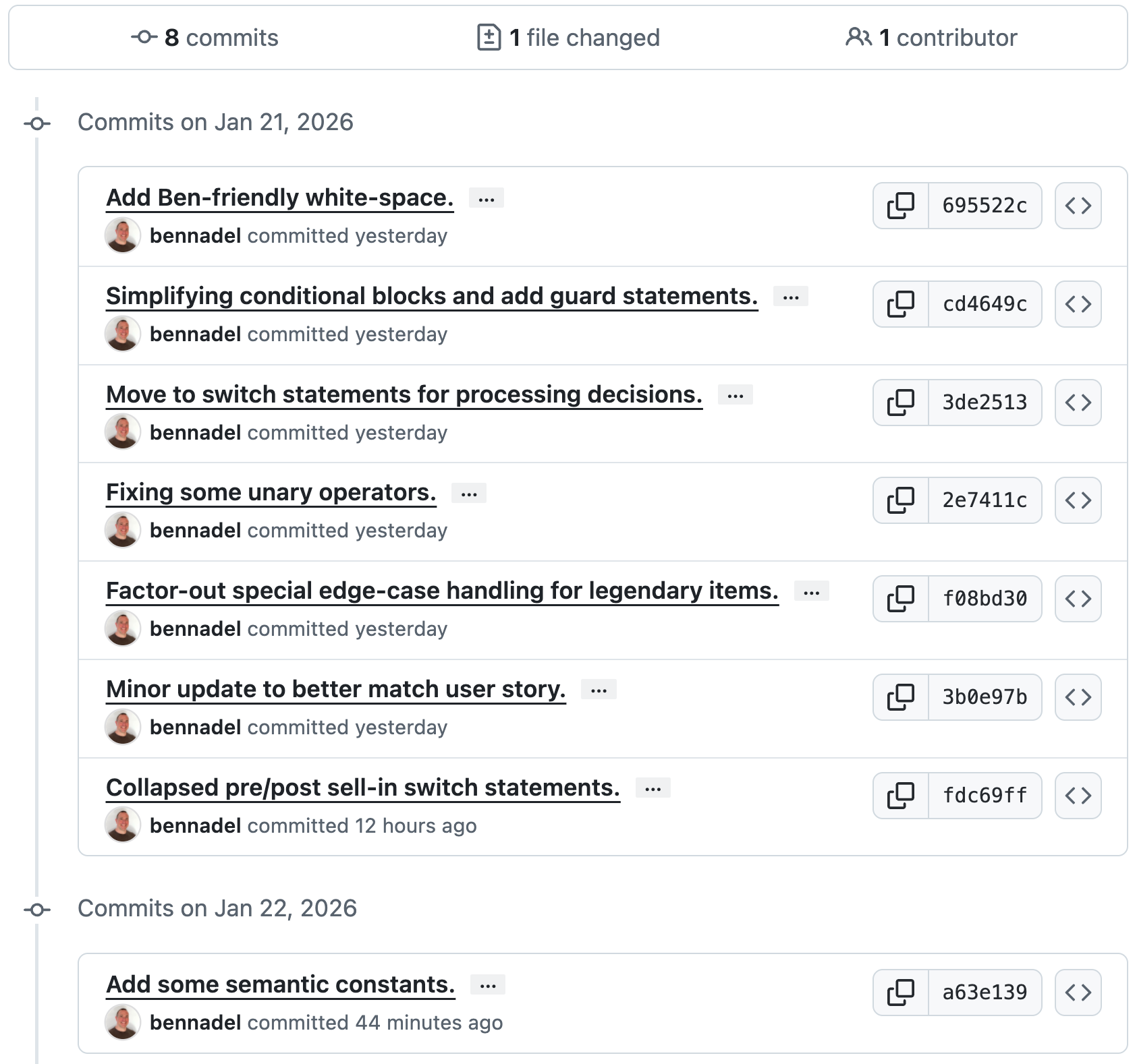 Screenshot of commit history in GitHub.