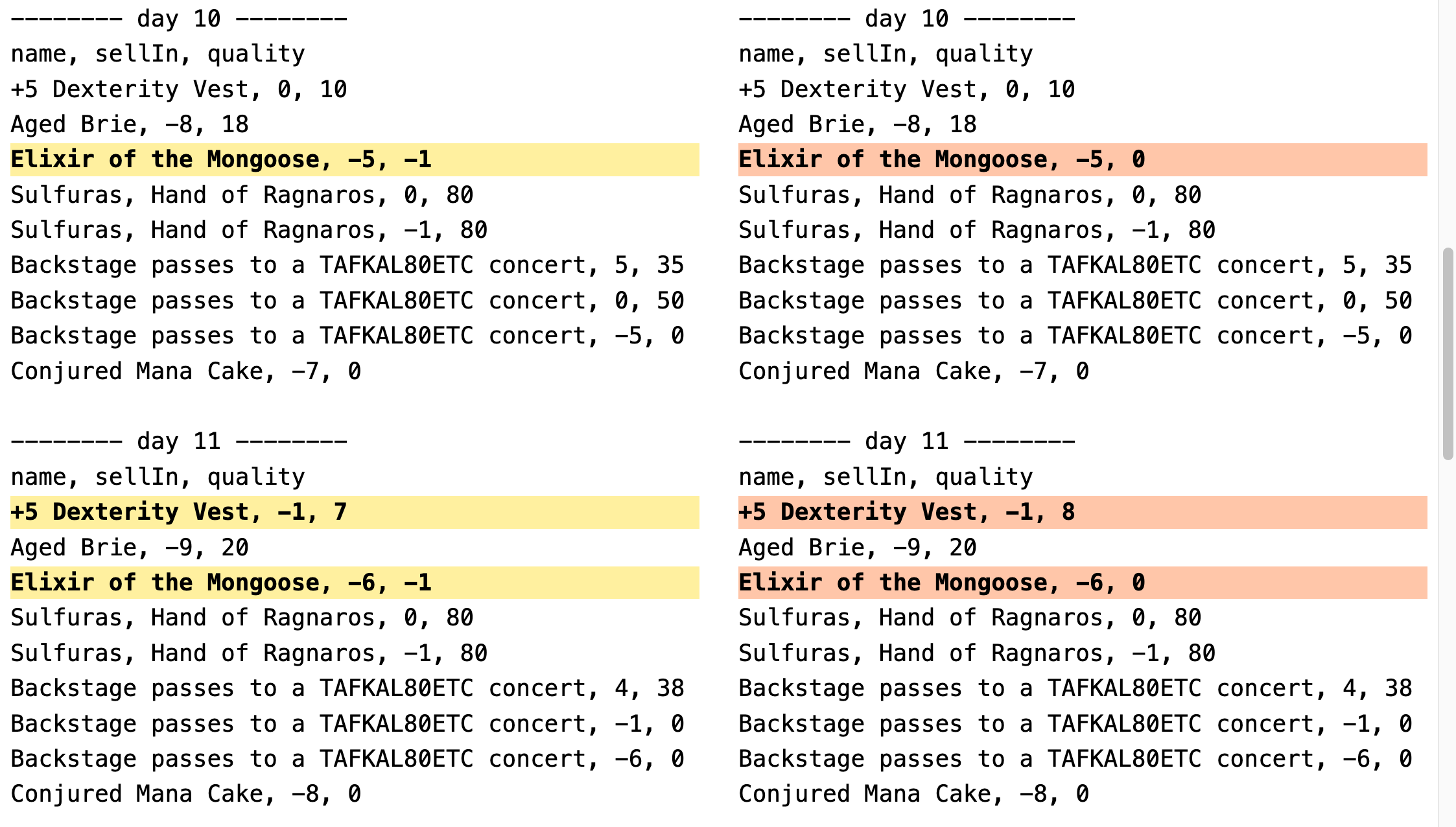 Screenshot of the Myers Diff algorithm being applied to the GildedRose refactoring kata in ColdFusion.