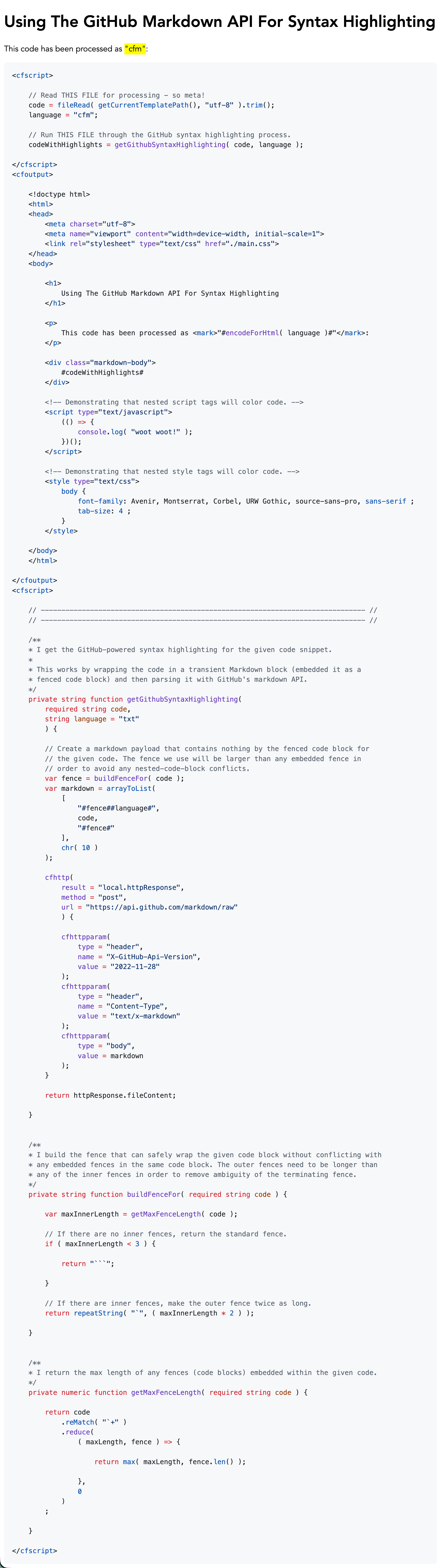 Screenshot of the CFML output, including the original file color-coded.