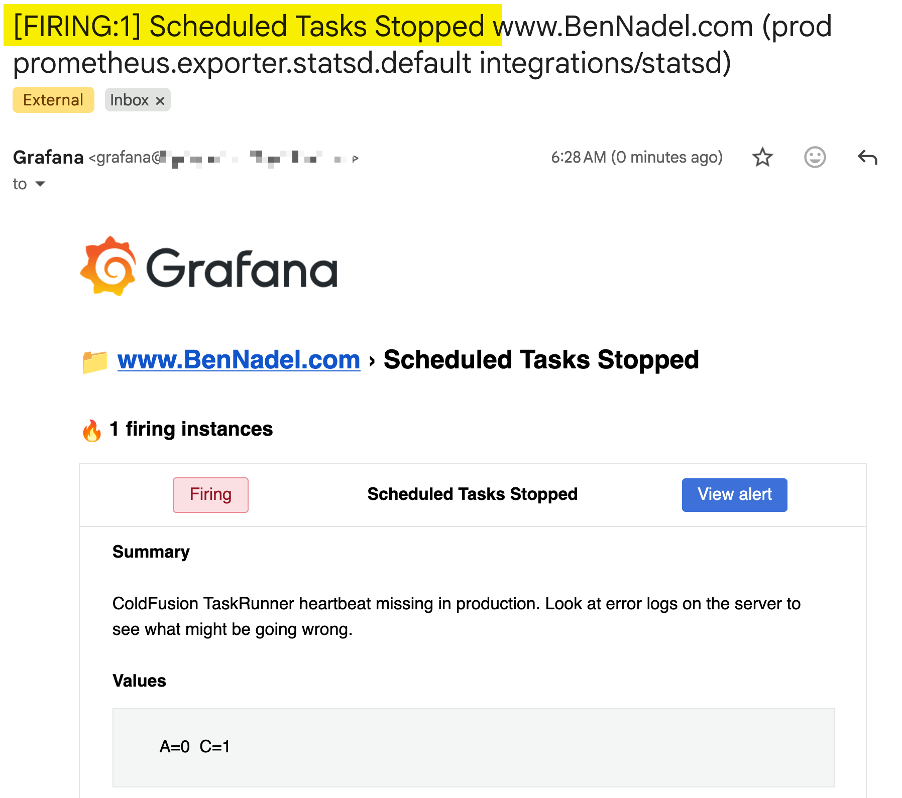 Screenshot of email showing Grafana alert rule firing.