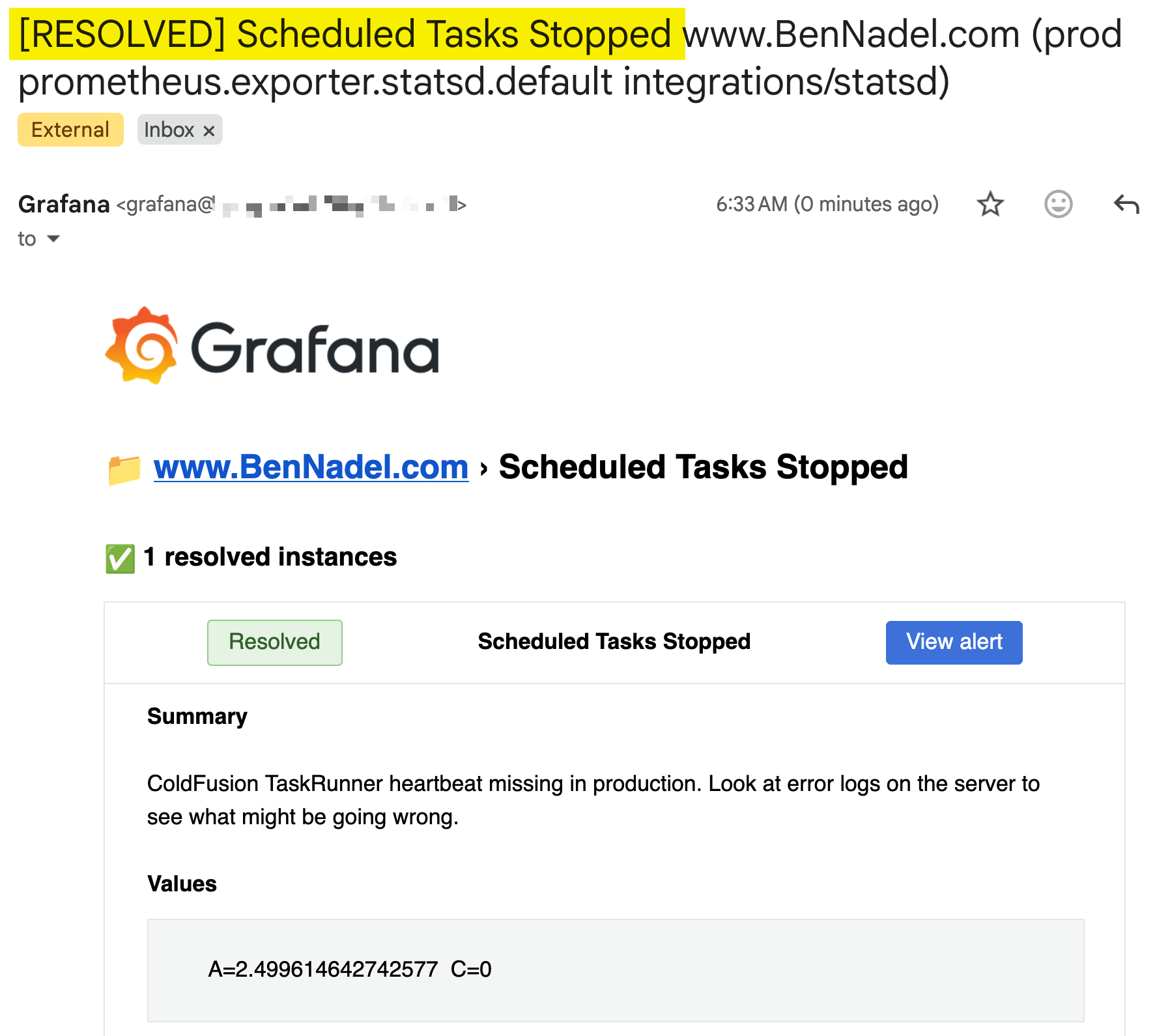 Screenshot of email showing Grafana alert rule being resolved.