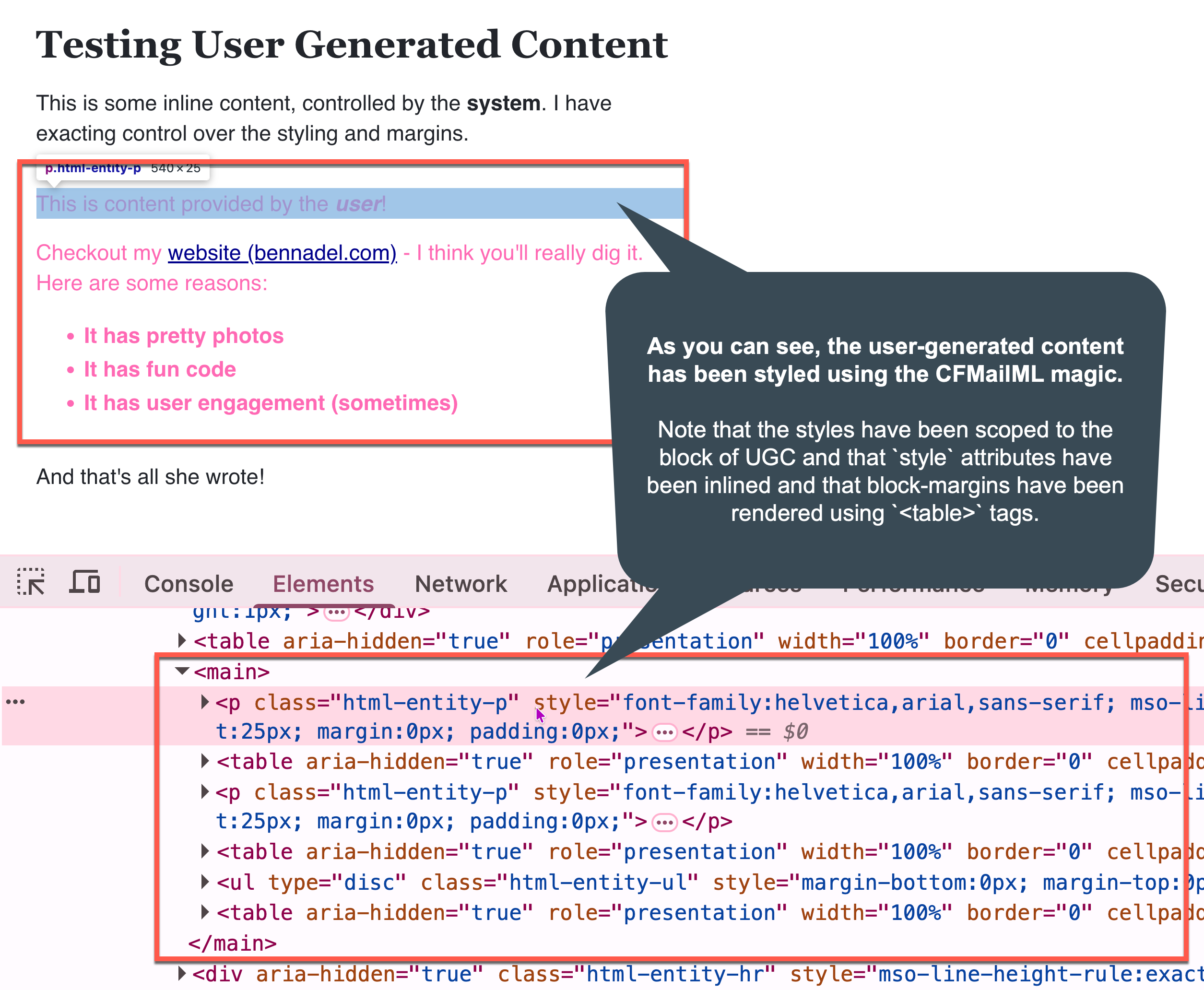 Screenshot of rendered HTML with inspection of underlying markup showing that the user-generated content has been decorated with all the magical CSS that CFMailML provides.
