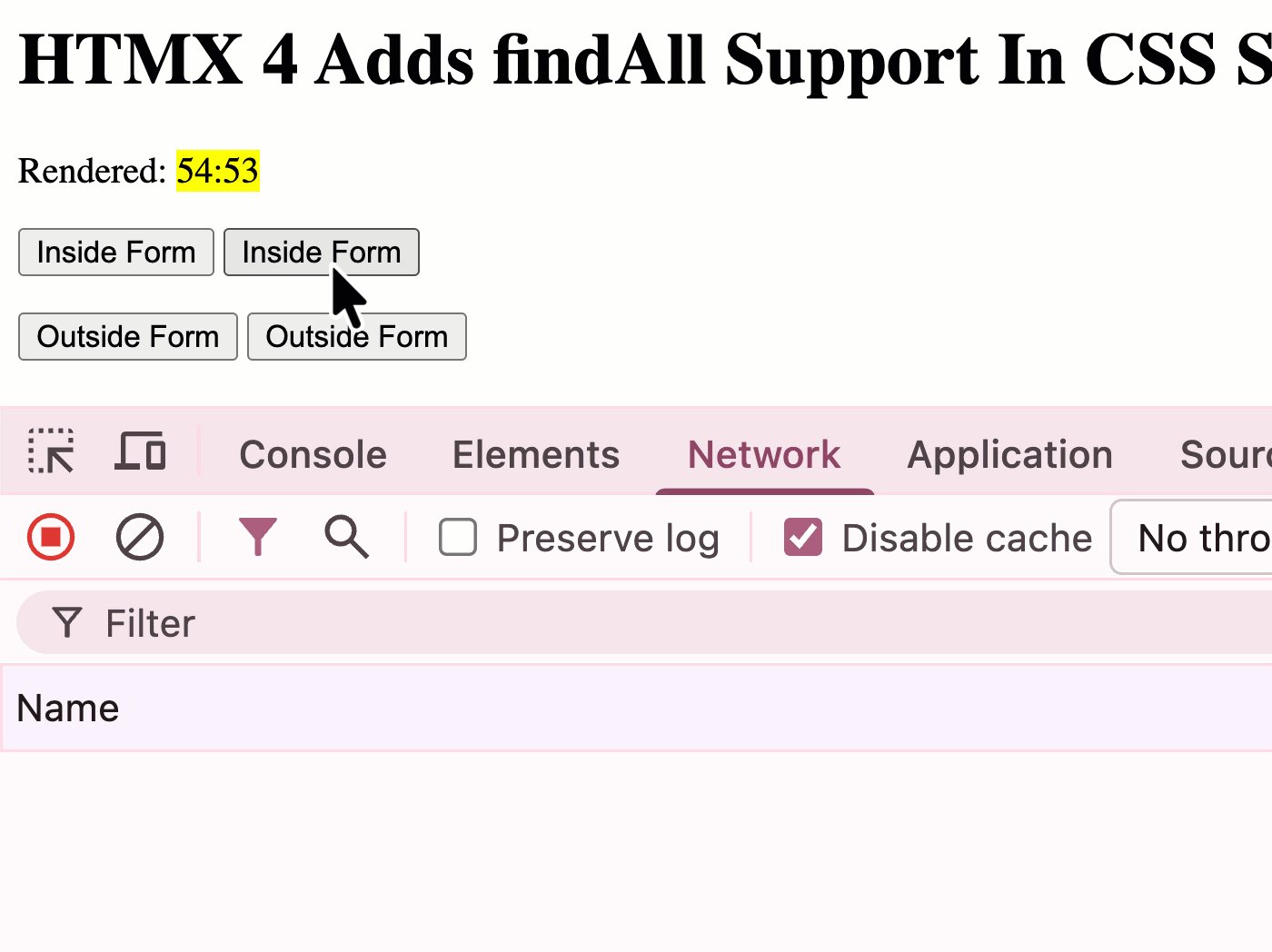 GIF of screen showing multiple buttons in form are disabled during submit; but buttons outside the form are left active.