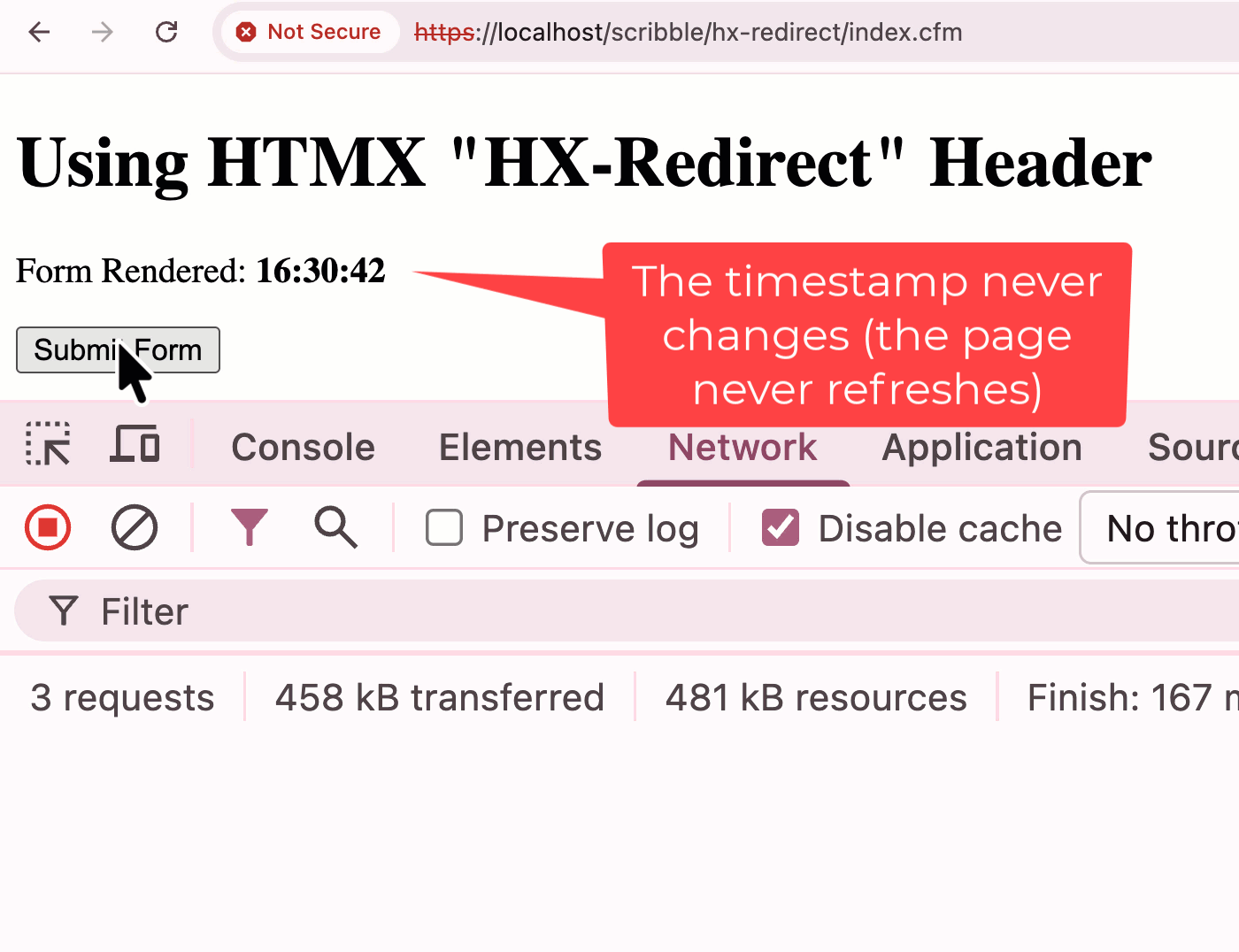GIF of screen recording showing that the timestamp doesn't change across form submissions.