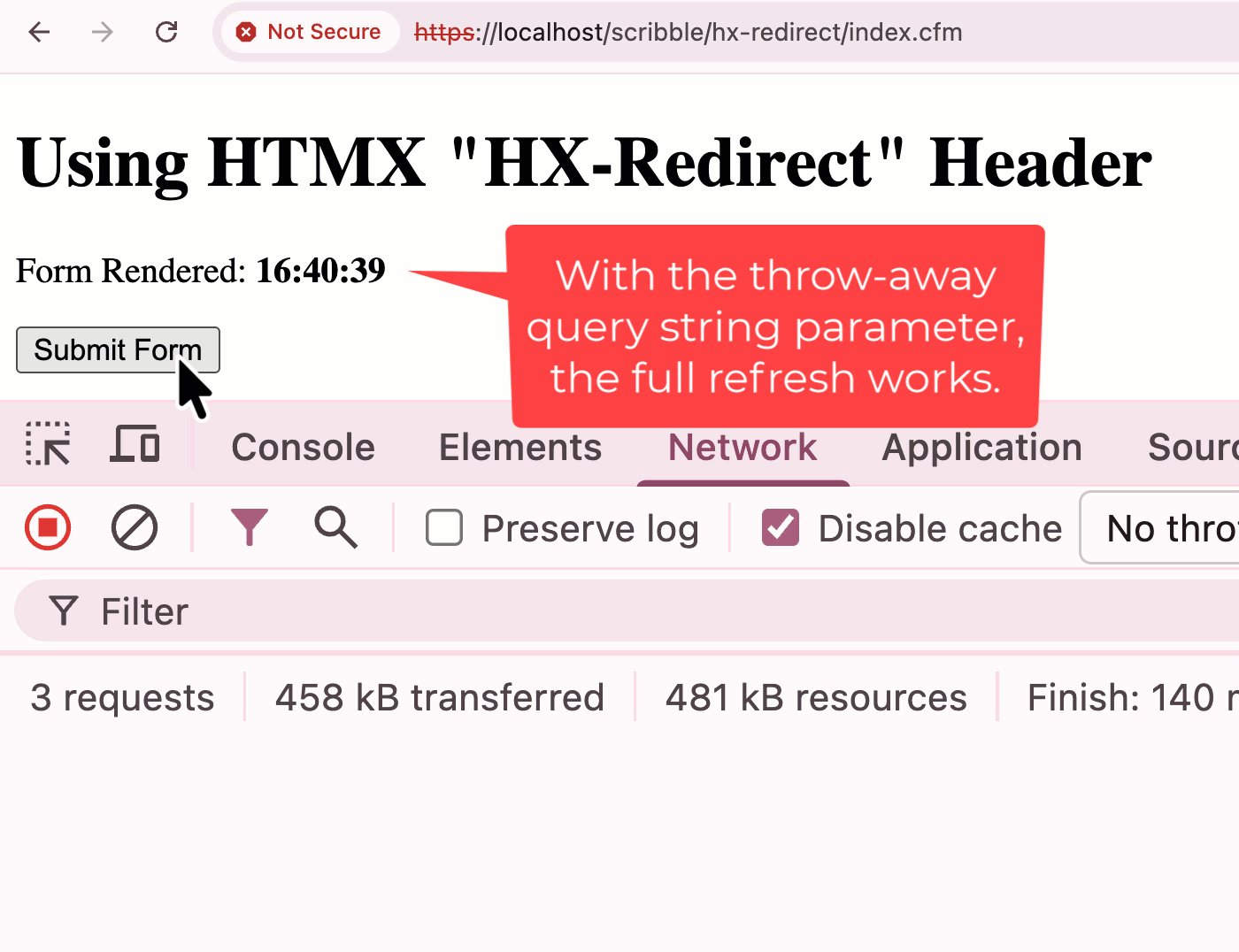 GIF of screen recording showing that the timestamp does change across form submissions, with a visible throw-away parameter in the URL query string.
