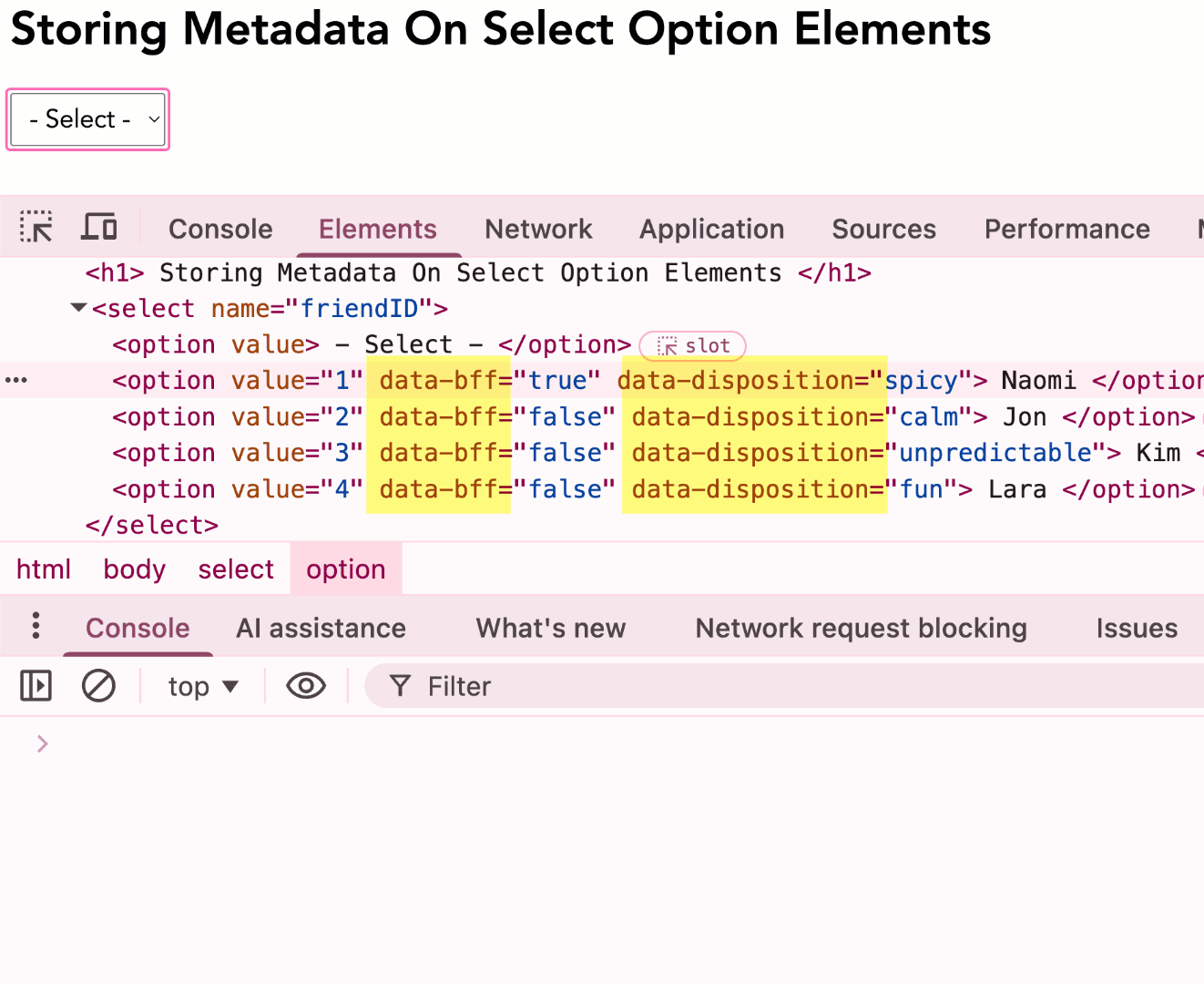 Changes in selection of a select menu cause messages to be logged to the console. The logged messages include values stored in the selected option's data attributes.