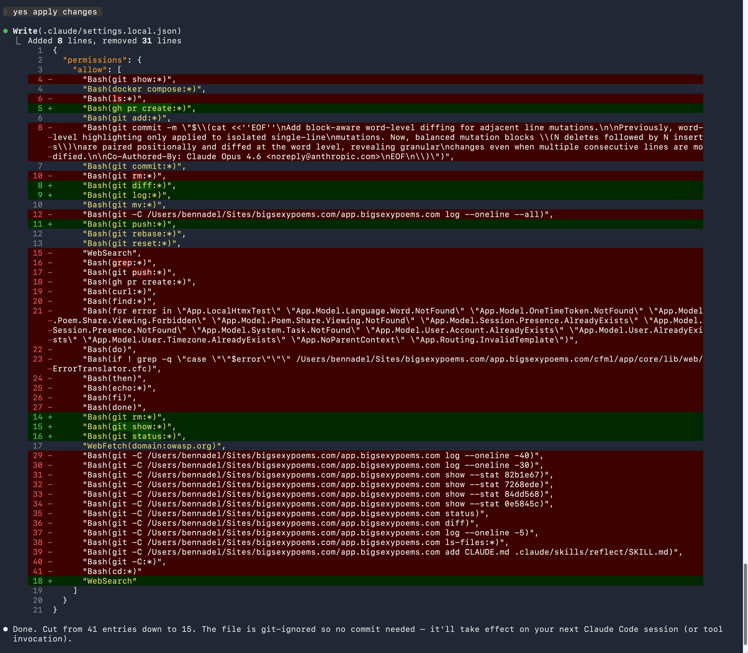 Screenshot of git diff being applied to the settings.local.json file.